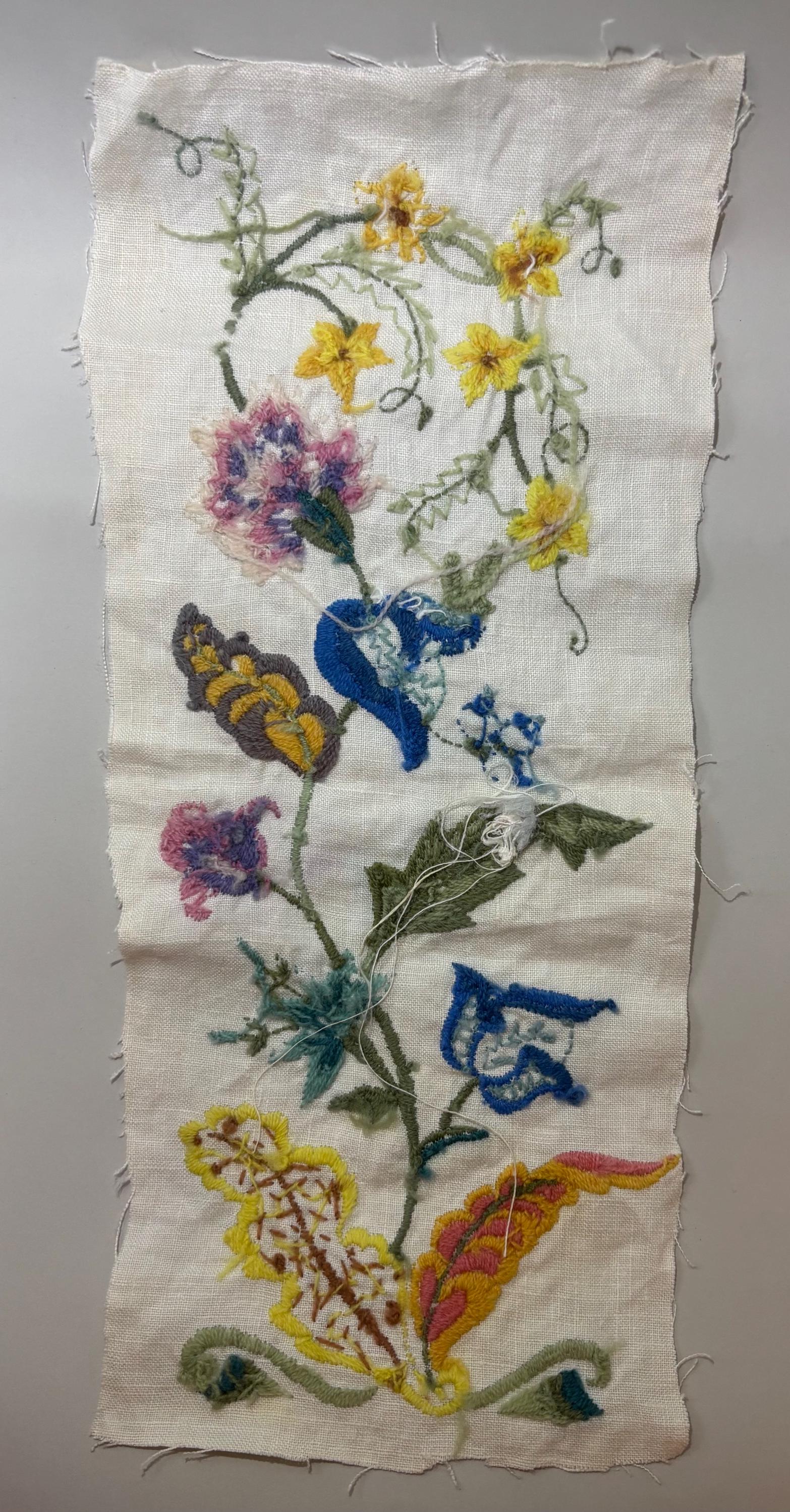 Enchanted Cottagecore Hand-Worked Embroidery Panel – Vintage Unmounted Crewel Sampler with Floral Design – Fairy Tale Textile Art - Thumbnail 3