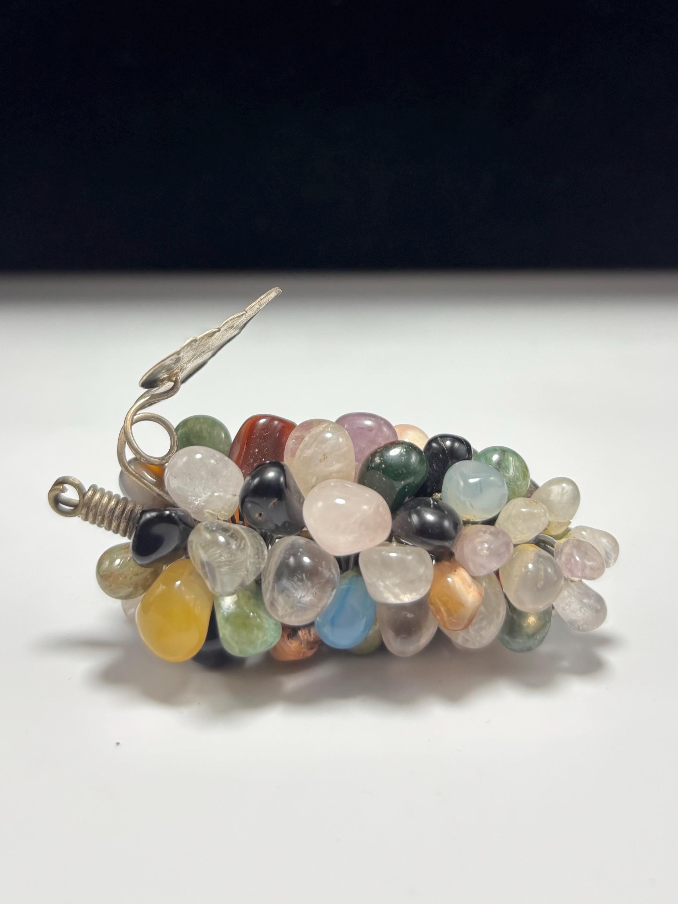 Vintage MCM Gemstone Cluster Grape Pendant with Silver Leaf Accent – 1960s 1970s Mid Century Modern Jewelry - Thumbnail 2