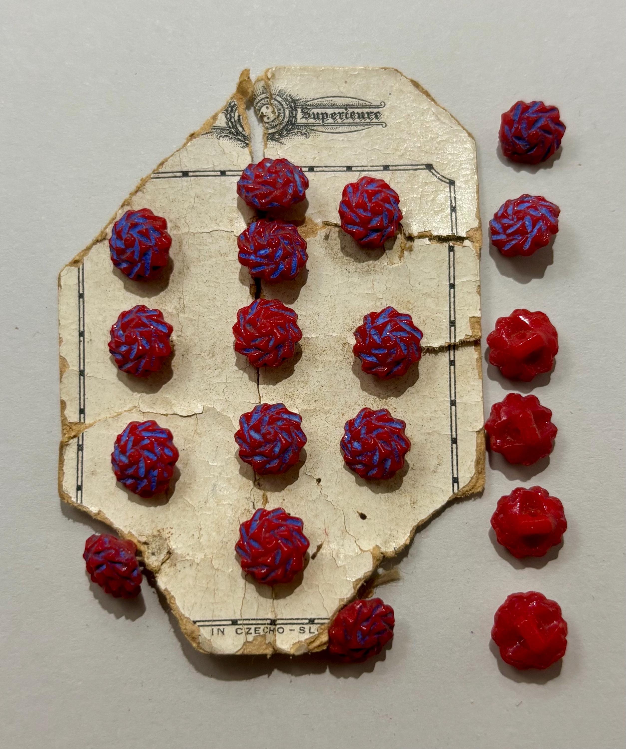 Antique Czech Glass Buttons – Style 2329 – Cornflower Over Scarlet, Art Deco Frosted Flower Set (Qty 19) - Thumbnail 2