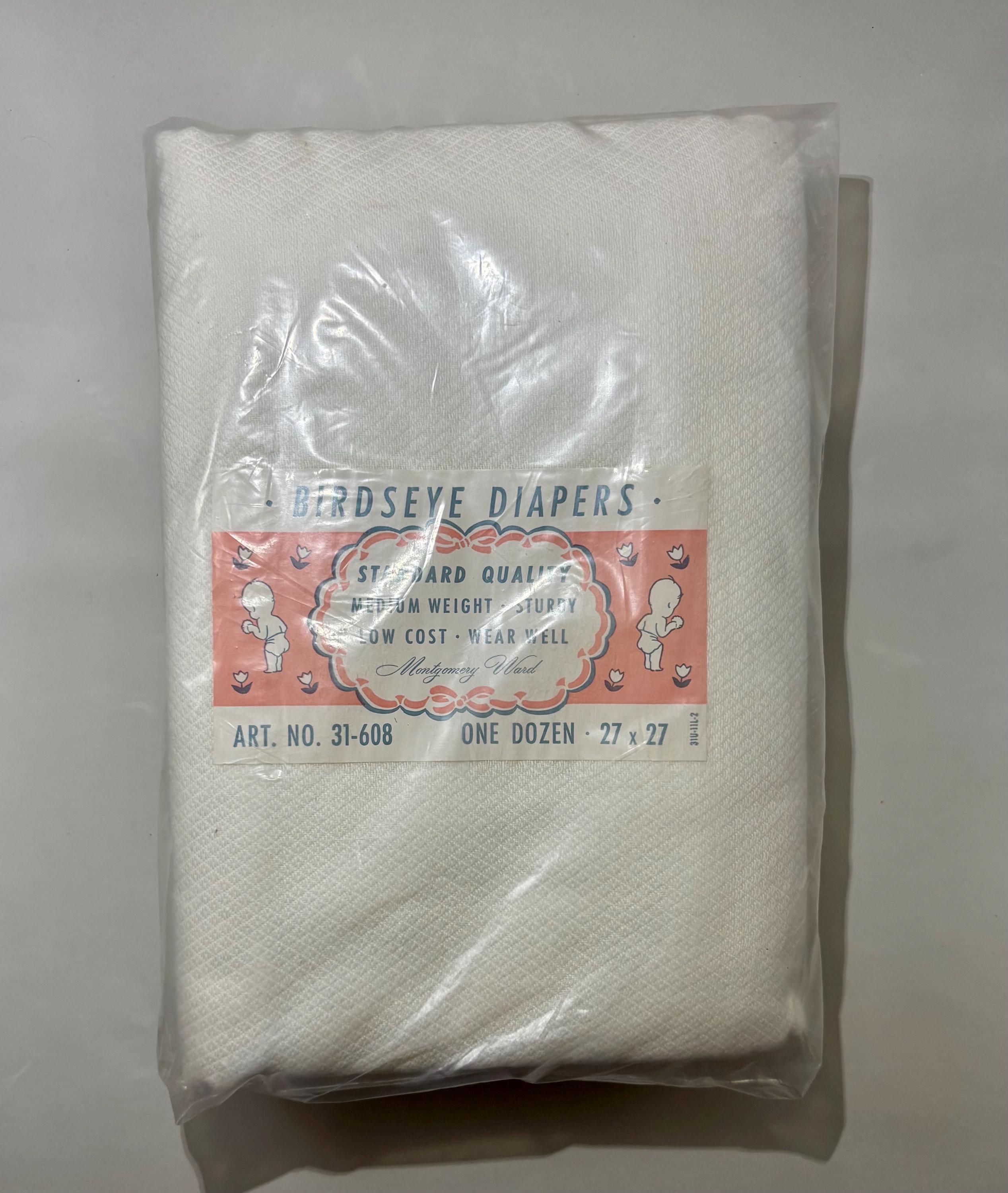 Vintage Birdseye Cloth Diapers – Montgomery Ward Sealed Dozen (27x27) – Some Stains, All Love – 1950s Cloth Diapering Classic