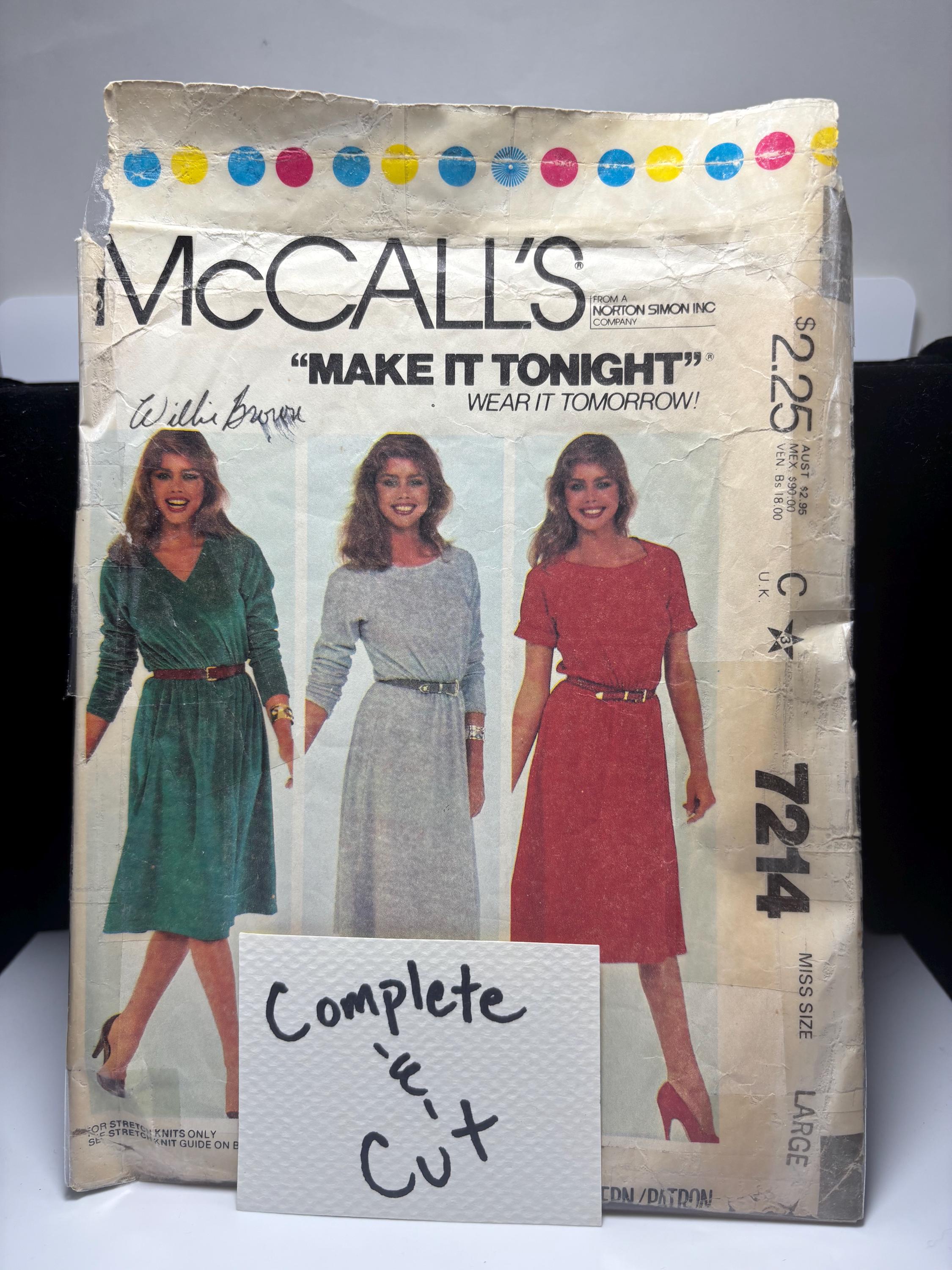 Vintage McCall’s 7214 1980s Wrap Dress Pattern – Size Large – Complete & Cut – “Make It Tonight, Wear It Tomorrow” Retro Confidence
