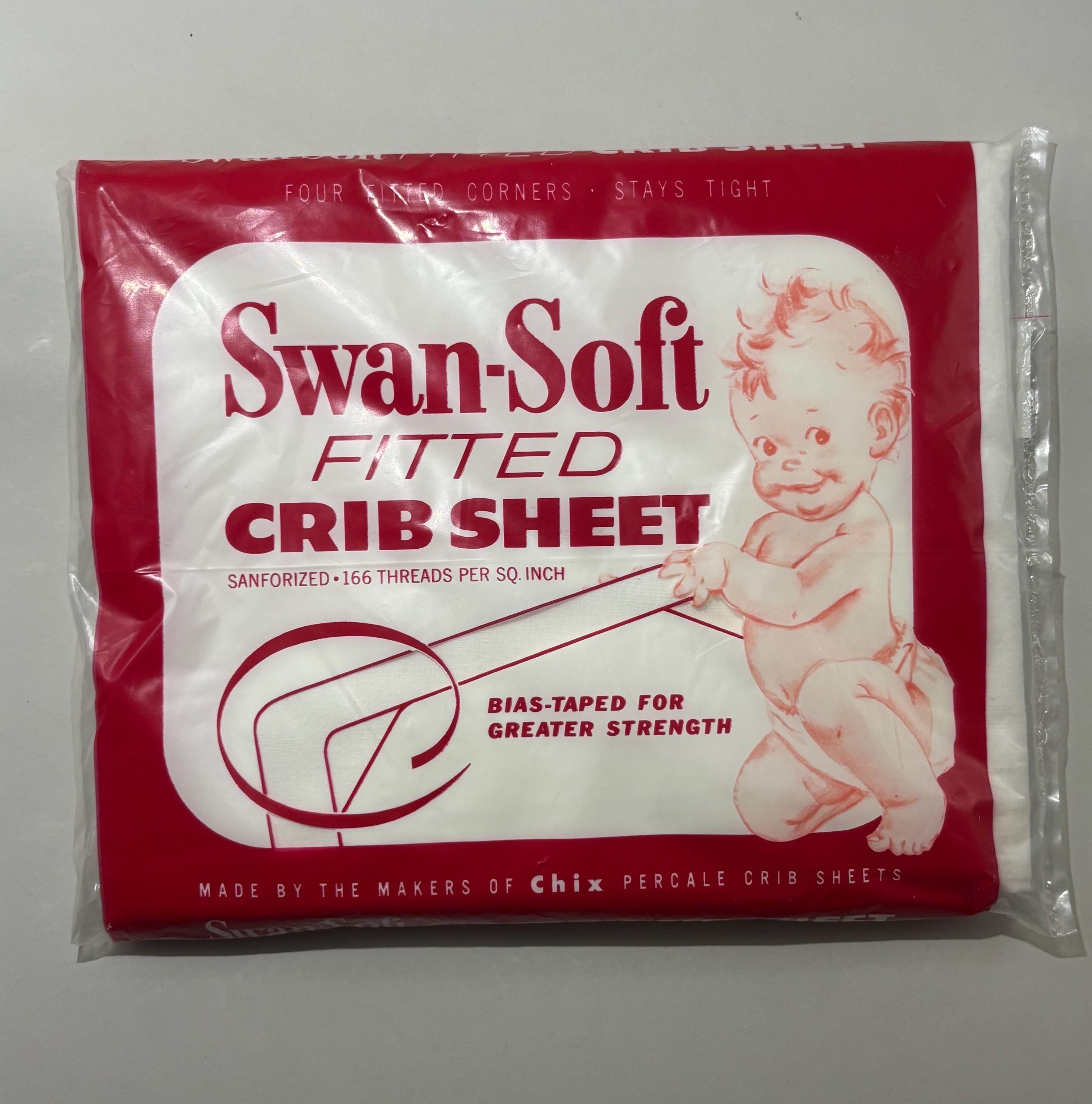 Vintage Swan-Soft Fitted Crib Sheet – 1950s Baby Graphics, NOS in Package, Chix Brand, Photo Prop, Red & White Nursery Decor
