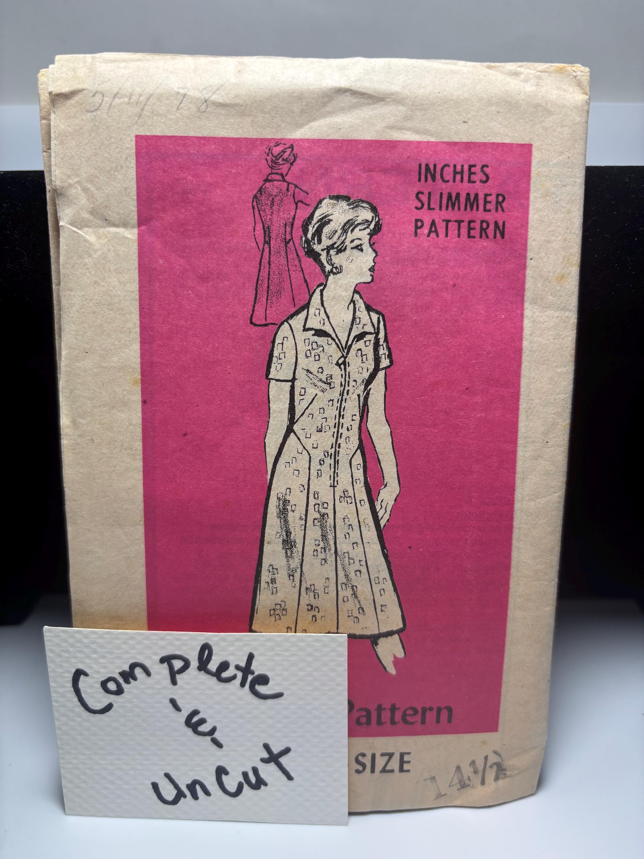 Vintage Inches Slimmer Printed Pattern 4651 – 1950s Shirt Dress – Half Size 14 1/2 – Complete & Uncut – Classic Mid-Century Silhouette