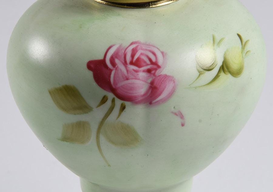 Vintage 1970s Lefton Japan Miniature Table Oil Lamp – Hand Painted Roses on Mint – Heritage-Green Porcelain with Glass Chimney – #4169 - Thumbnail 5