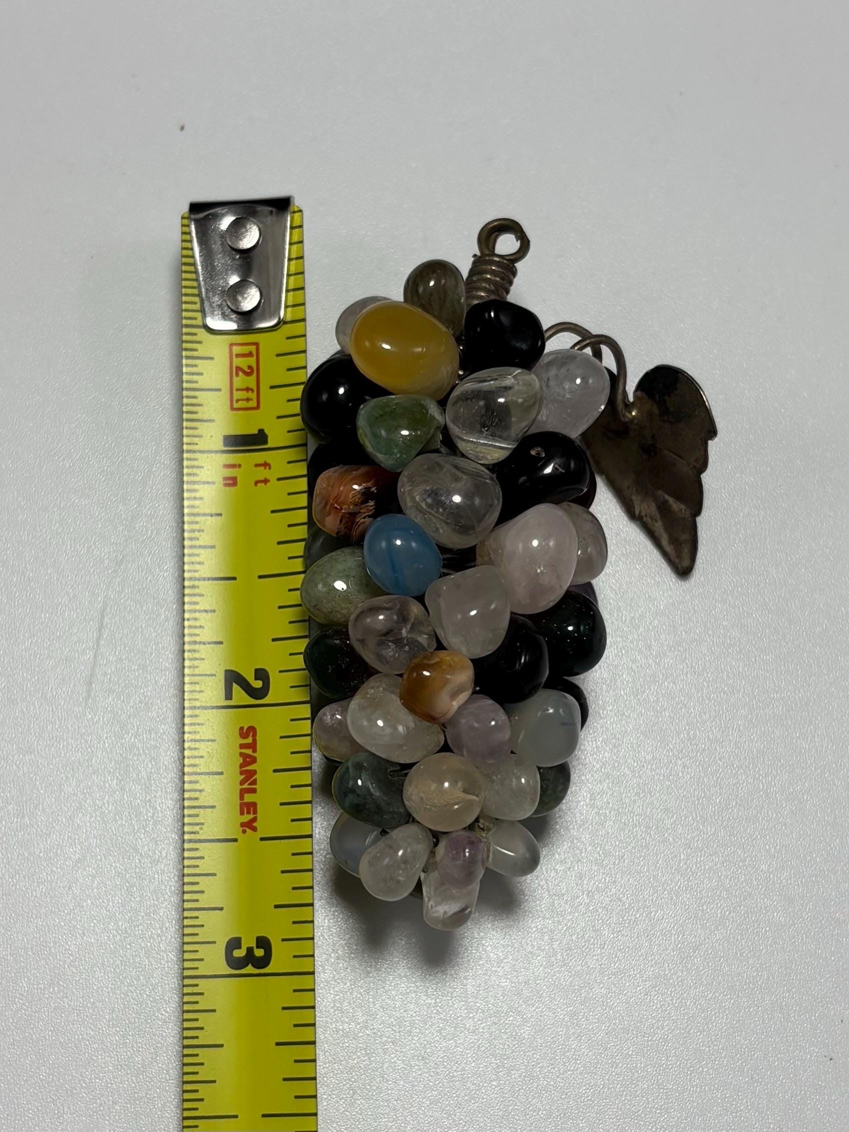 Vintage MCM Gemstone Cluster Grape Pendant with Silver Leaf Accent – 1960s 1970s Mid Century Modern Jewelry - Thumbnail 4