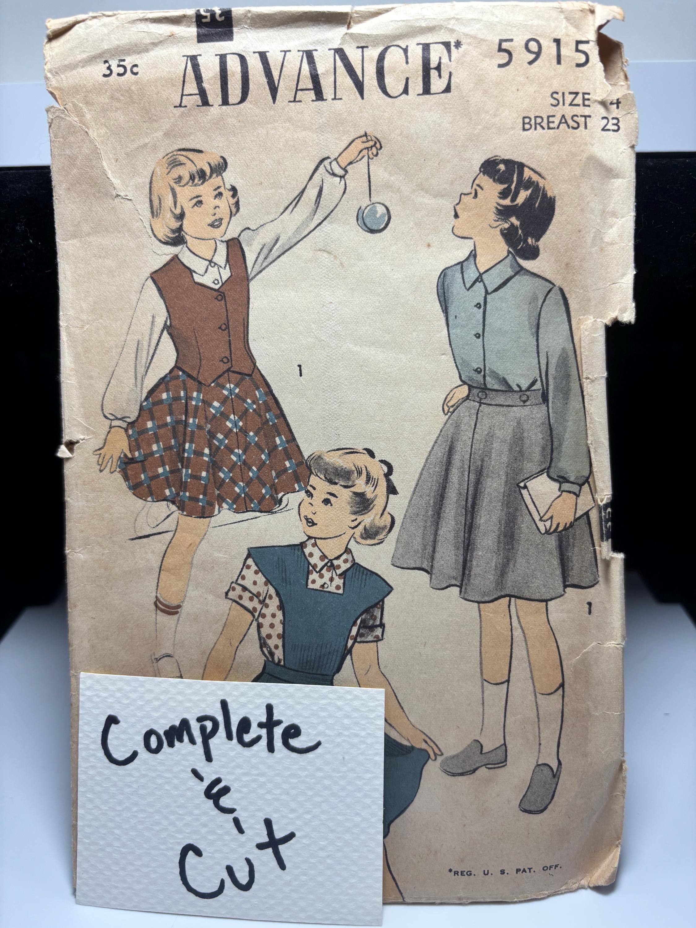 Advance 5915 (1950s) Girls’ Pinafore, Blouse & Skirt Pattern | Size 4 | Storybook School Dress Ensemble | Complete Cut Sewing Pattern