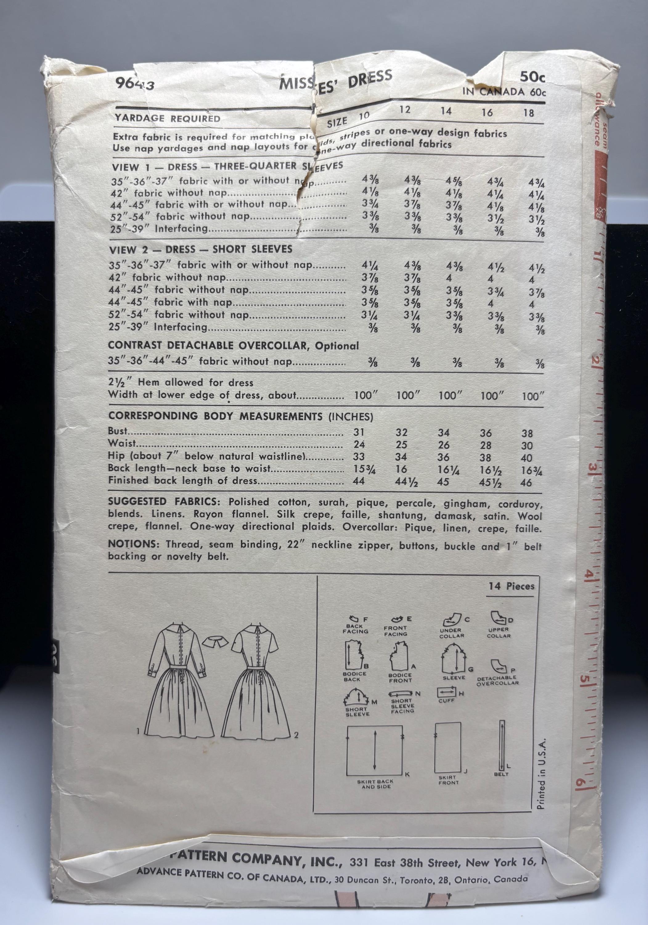 Advance 9643 (1950s) Full-Skirt Dress with Peter Pan Collar – Size 10 – Complete & Cut – Priscilla Presley Southern Debutante Style - Thumbnail 3