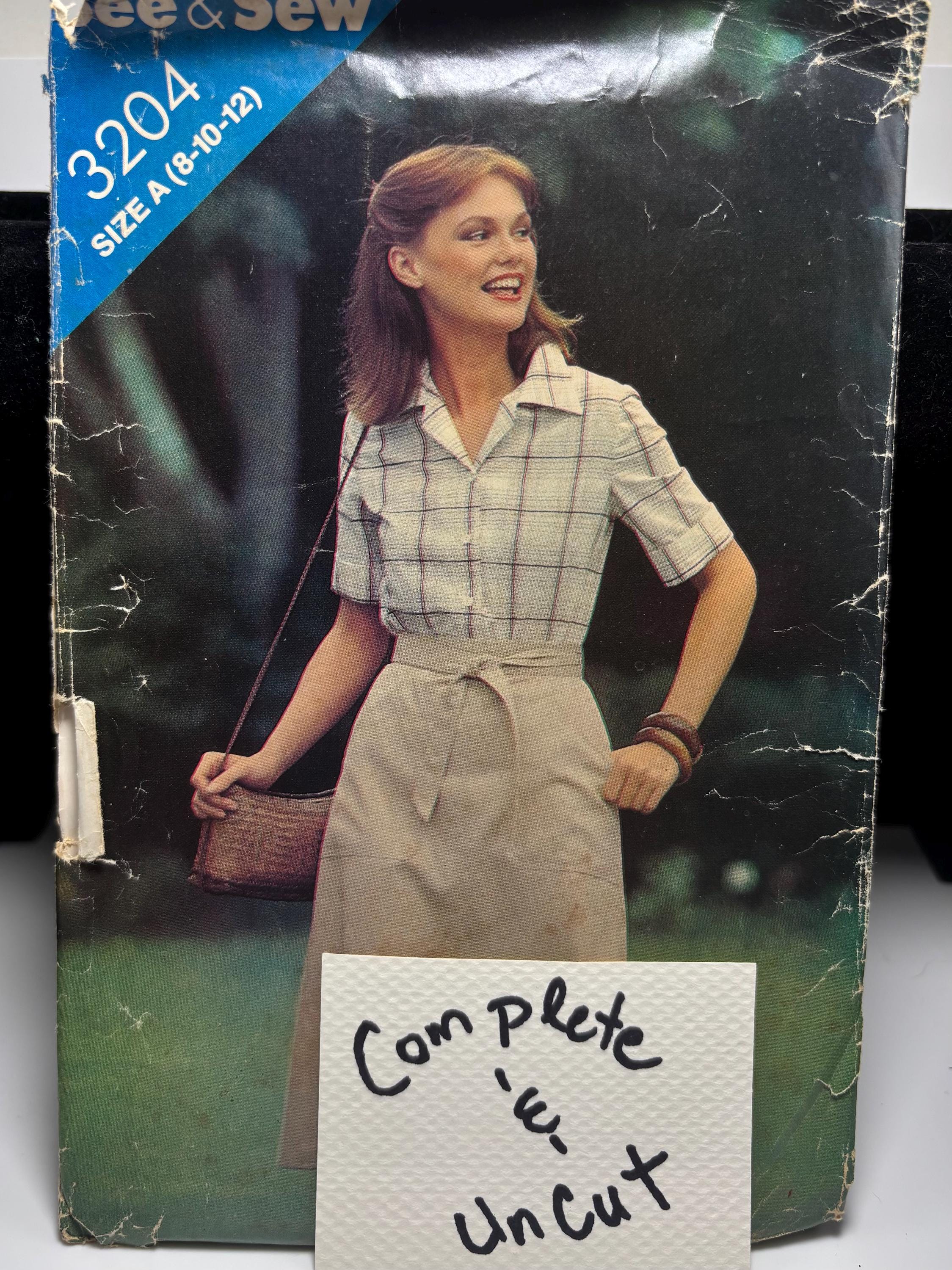 Vintage See & Sew 3204 Shirt and Skirt Sewing Pattern (Size A 8-12) – Cottagecore Spring Outfit with Collared Blouse and A-Line Skirt Uncut