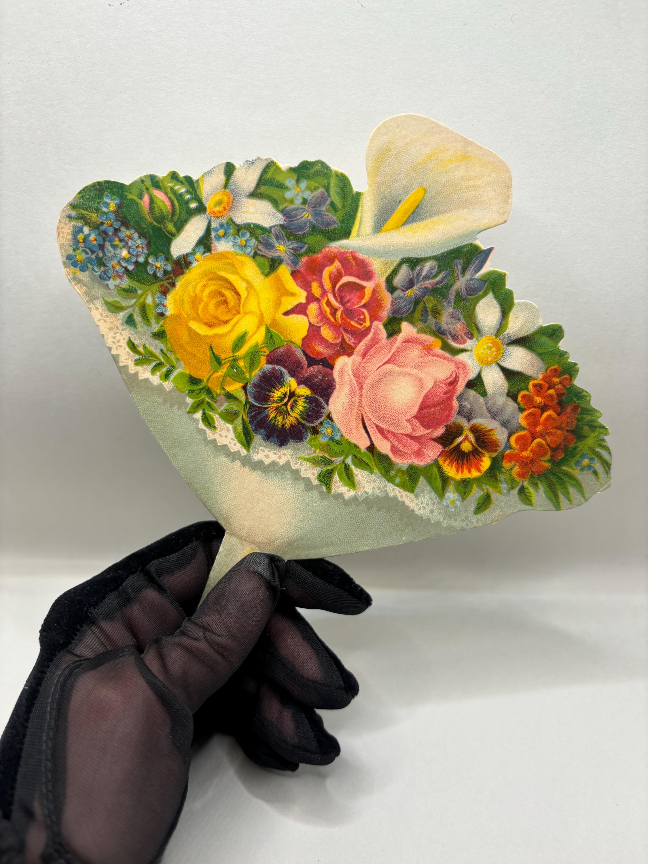 Antique Victorian Die-Cut Paper Hand Fan – Floral Bouquet Lithograph - Thumbnail 4