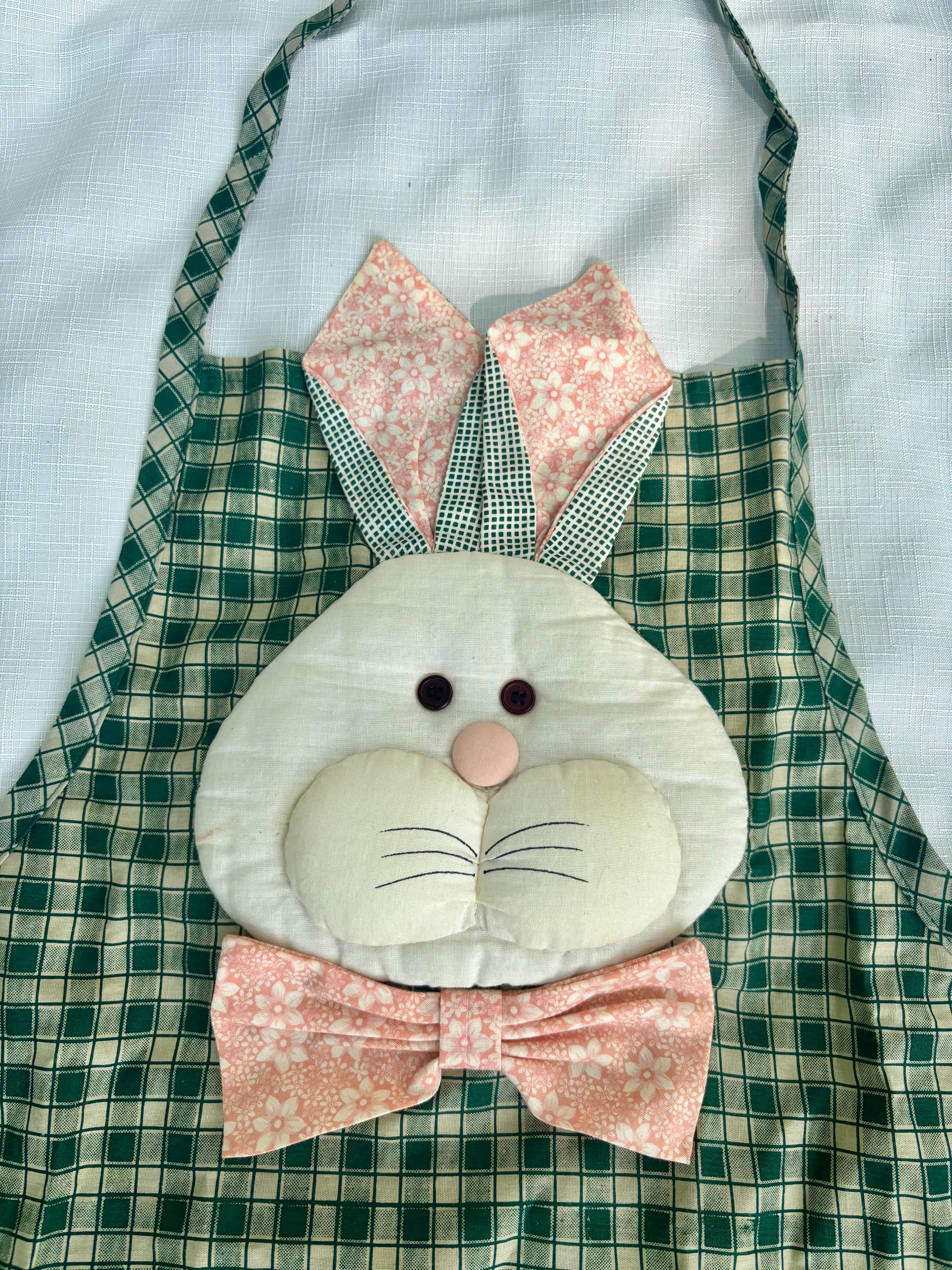 Handmade Vintage Bunny Apron with Heart Pocket – Easter Dinner Hostess Apron – 90s Quilted Rabbit with Bow Tie – Country Kitchen Decor - Thumbnail 2