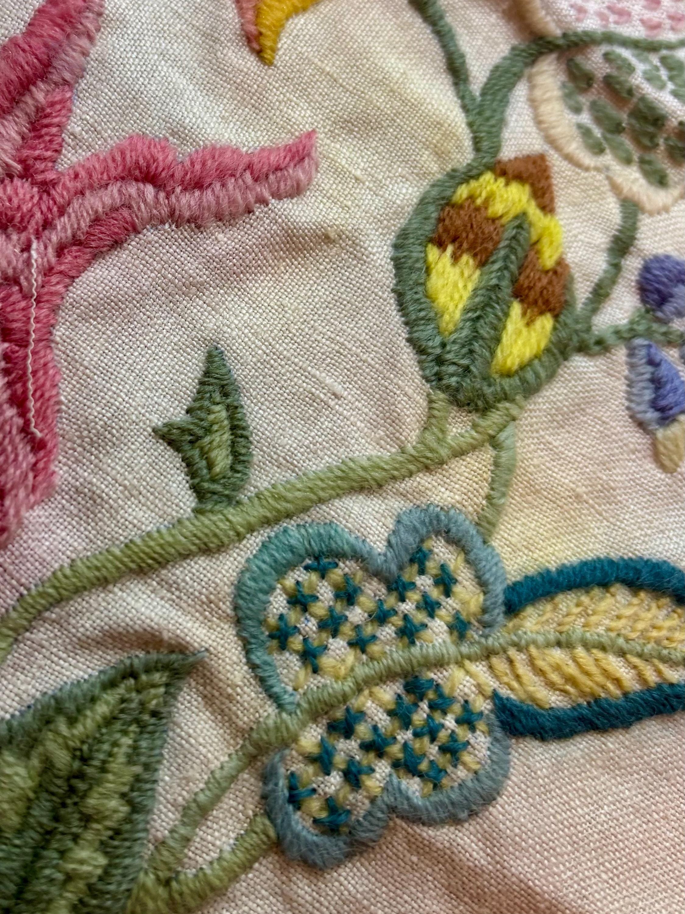 Enchanted Cottagecore Hand-Worked Embroidery Panel – Vintage Unmounted Crewel Sampler with Floral Design – Fairy Tale Textile Art - Thumbnail 3