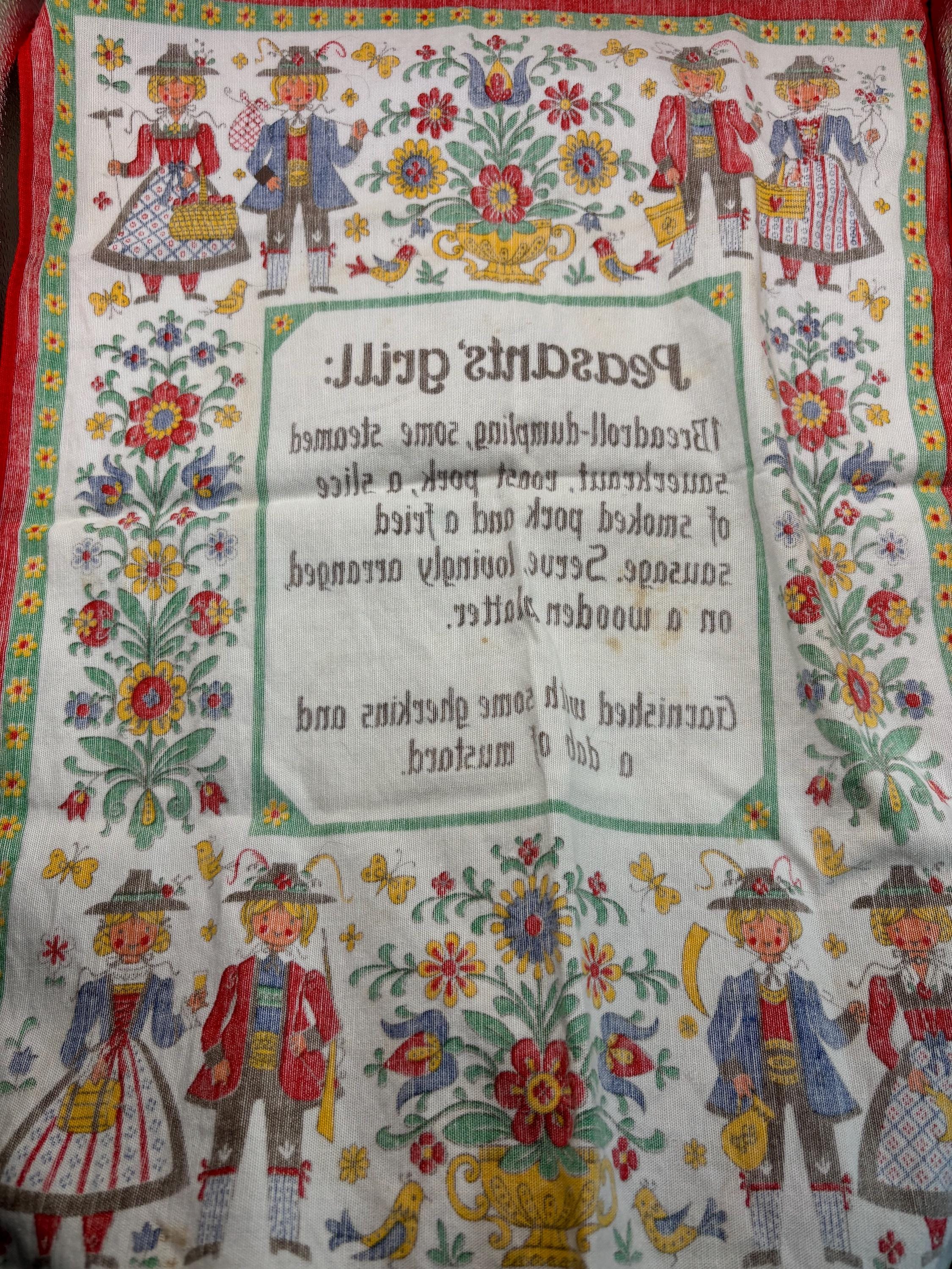 Vintage Austrian Tea Cloth – Folk Art "Peasants Grill" Kitchen Towel - Thumbnail 4