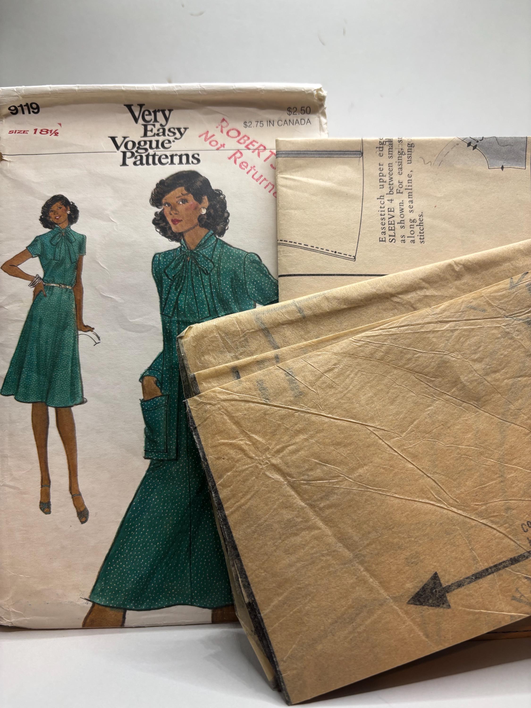 Vogue 9119 Sewing Pattern - 1970s Misses Size 18 1/2 Dress with Pockets & Tie Neck - Very Easy Vogue - Vintage Complete and Cut - Thumbnail 4