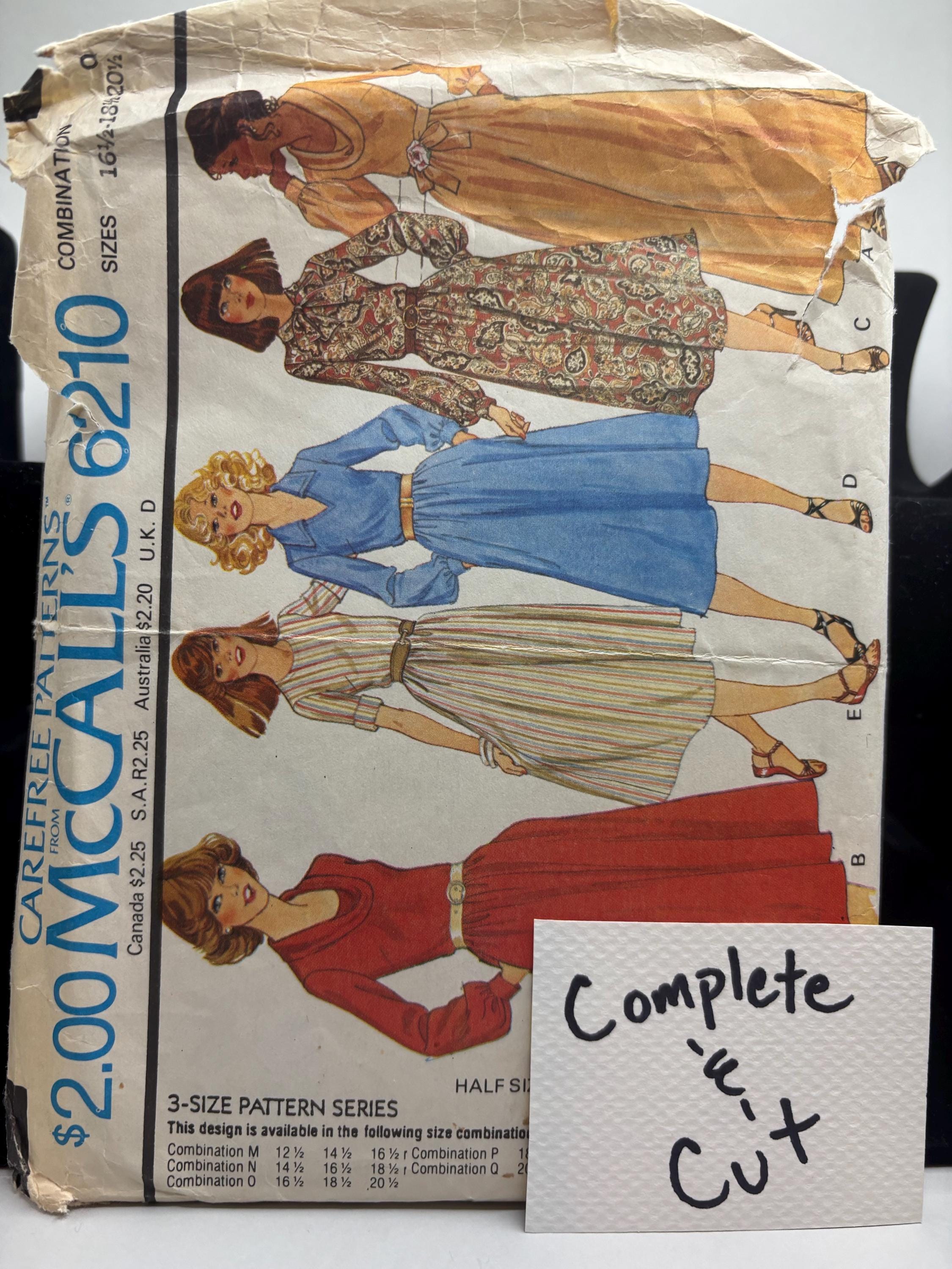 Vintage McCall's 6210 Half Size Dress Pattern | 1980s Power Puff Sleeve V-Neck Dress | Sizes 16 1/2 - 20 1/2 | Complete & Cut