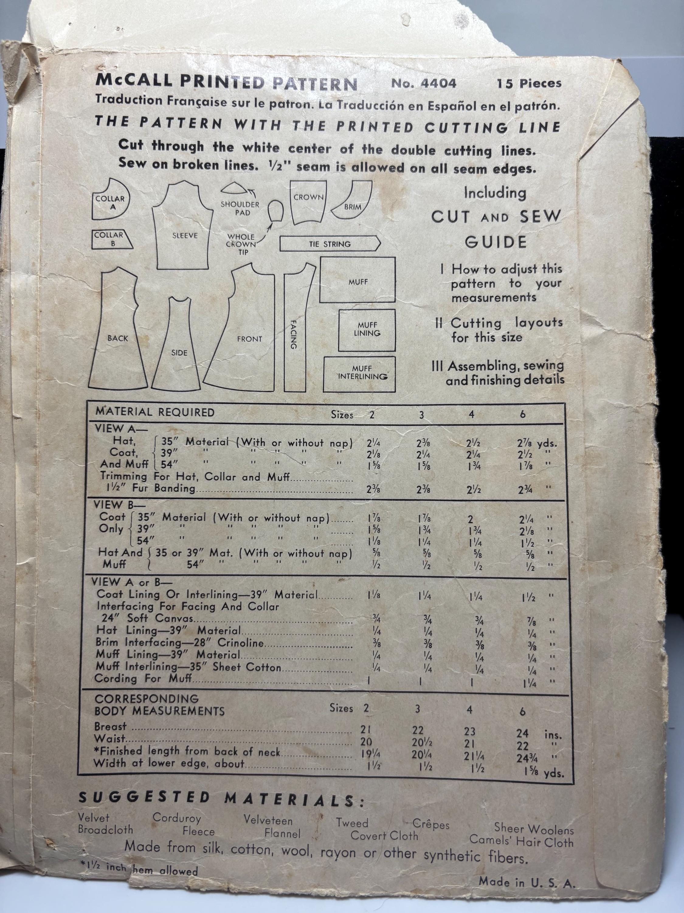 Vintage McCall 4404 (1940s) Girl’s Coat, Hat & Muff Pattern – Size 2 – Missing Minor Pieces – “Little Rascals” Darla-Inspired Winter Set - Thumbnail 4