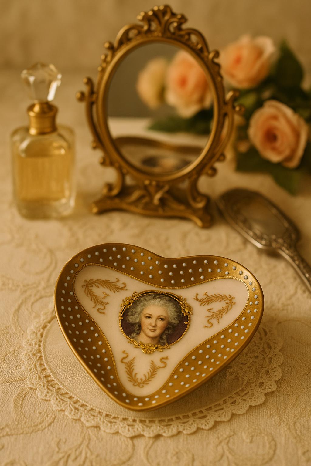 Marie Antoinette Heart Trinket Dish – Vintage Mid-Century Arnart Lenwile China Porcelain with Gilded Rococo Moriage Details Vanity Ring Dish