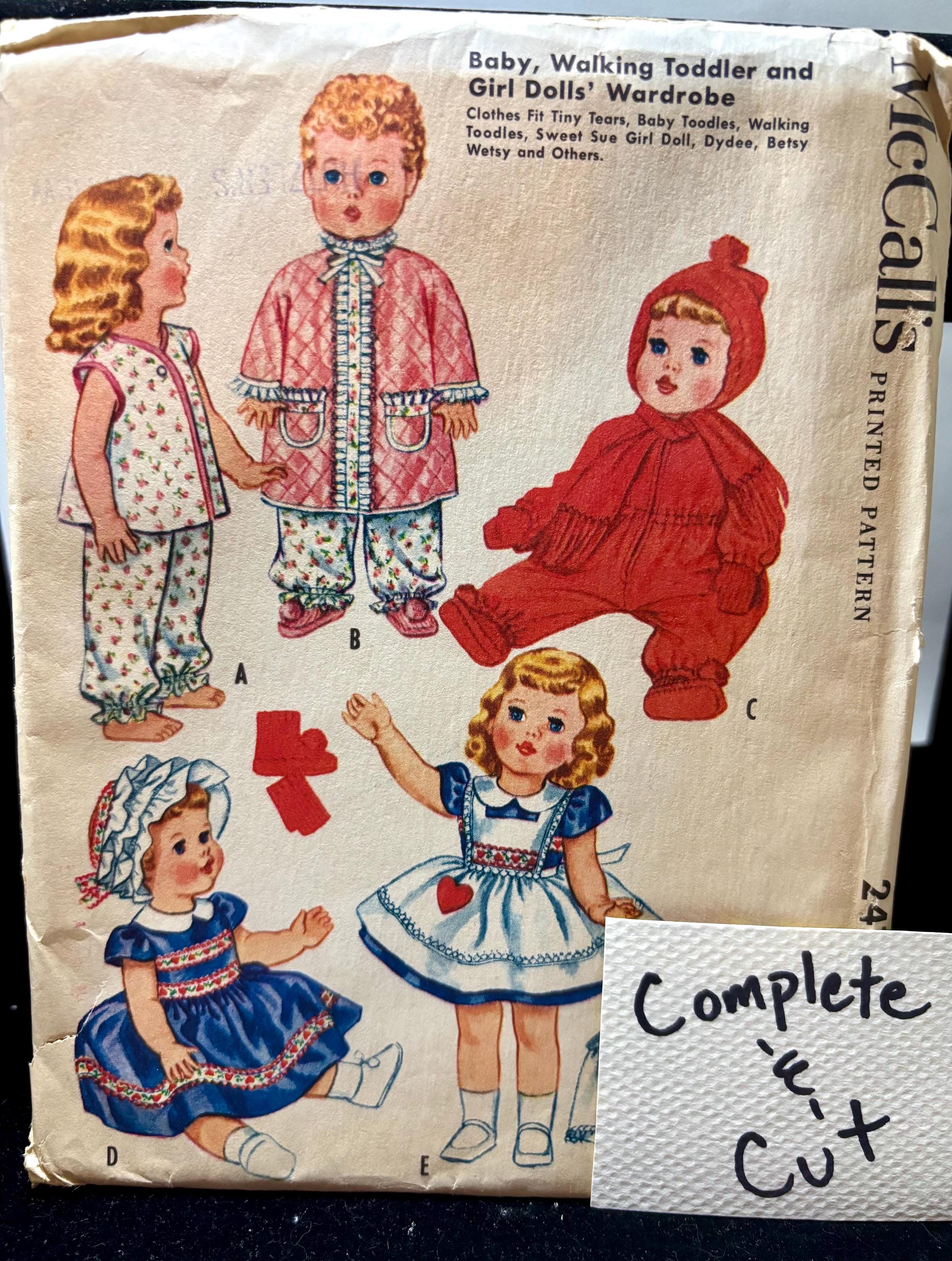 Vintage 1960 McCall’s 2412 Doll Clothes Sewing Pattern Baby, Walking Toddler & Girl Dolls Wardrobe – Pajamas, Snowsuit, Dresses Complete Cut