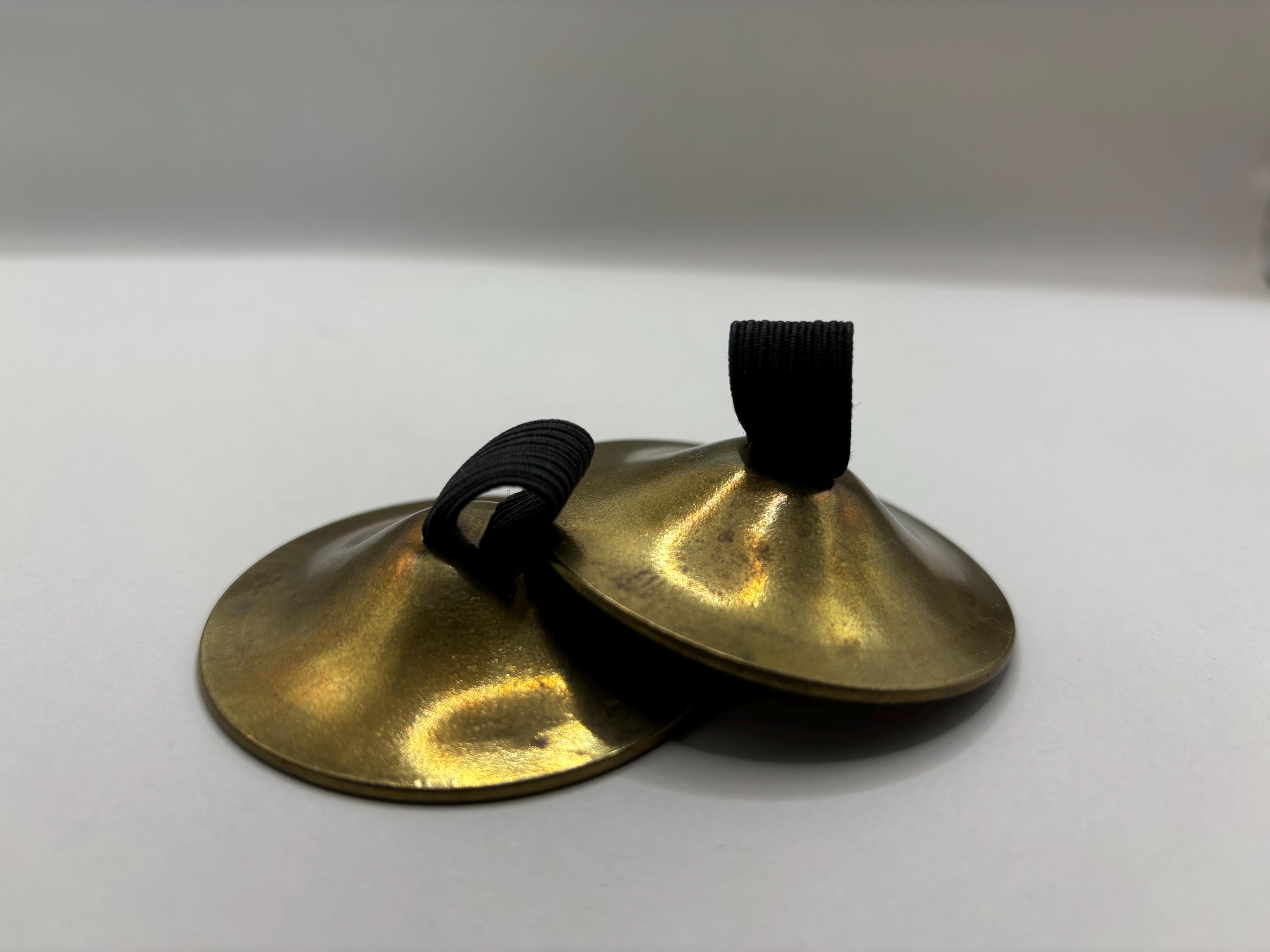 Brass Finger Cymbals with Black Elastic Attachments – Traditional Dance Instrument, Handmade Percussion - Thumbnail 2