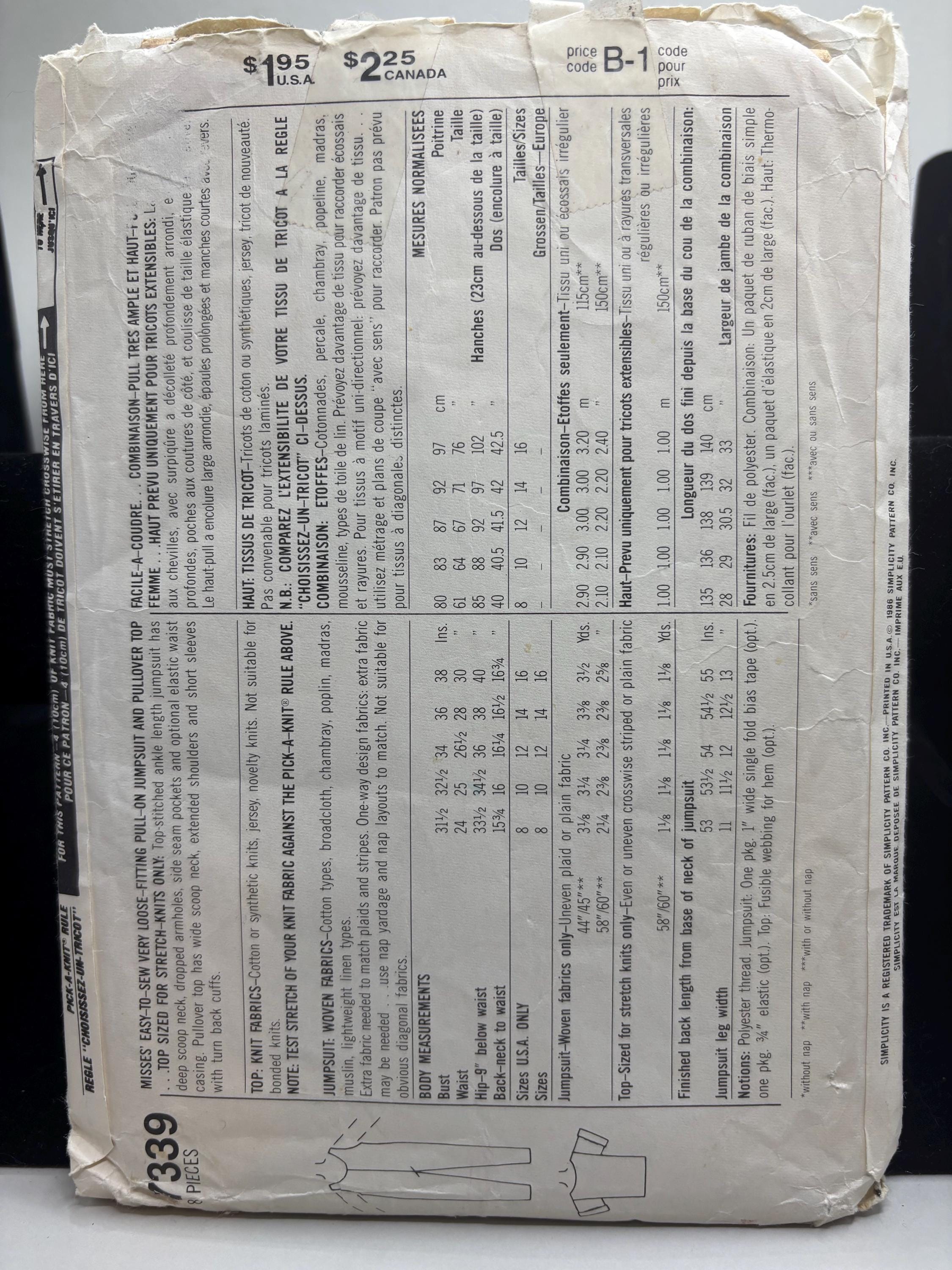 Vintage 1990s Jumpsuit Sewing Pattern Simplicity 7339 Size 12–16 - Belted Super Saver Easy Fit One-Piece - Vintage Sewing Pattern 90s Romper - Thumbnail 3