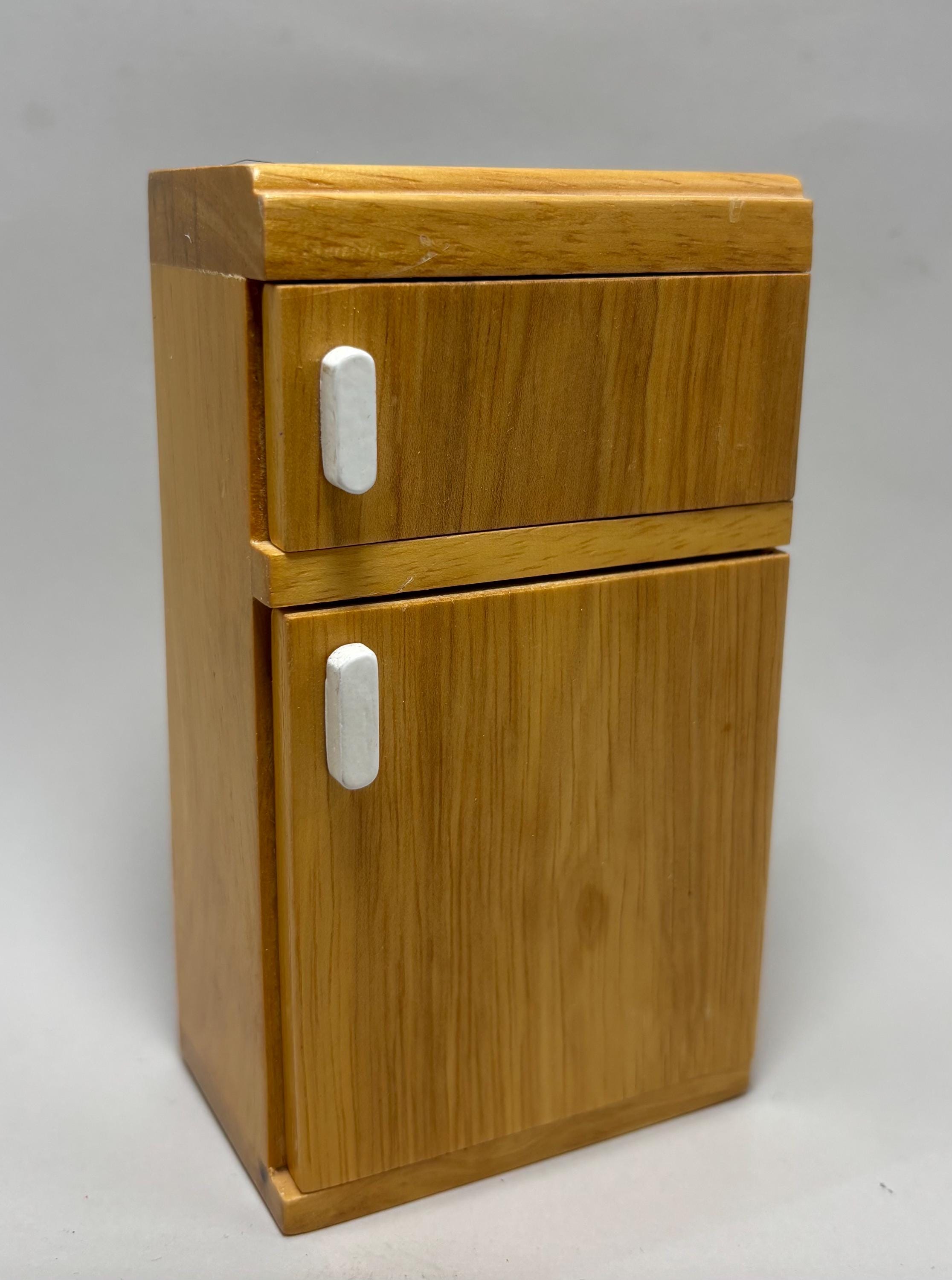 Miniature Wooden Dollhouse Refrigerator – Two-Door Fridge with Freezer – Vintage Made in China – Spooky Dollhouse Furniture - Thumbnail 2