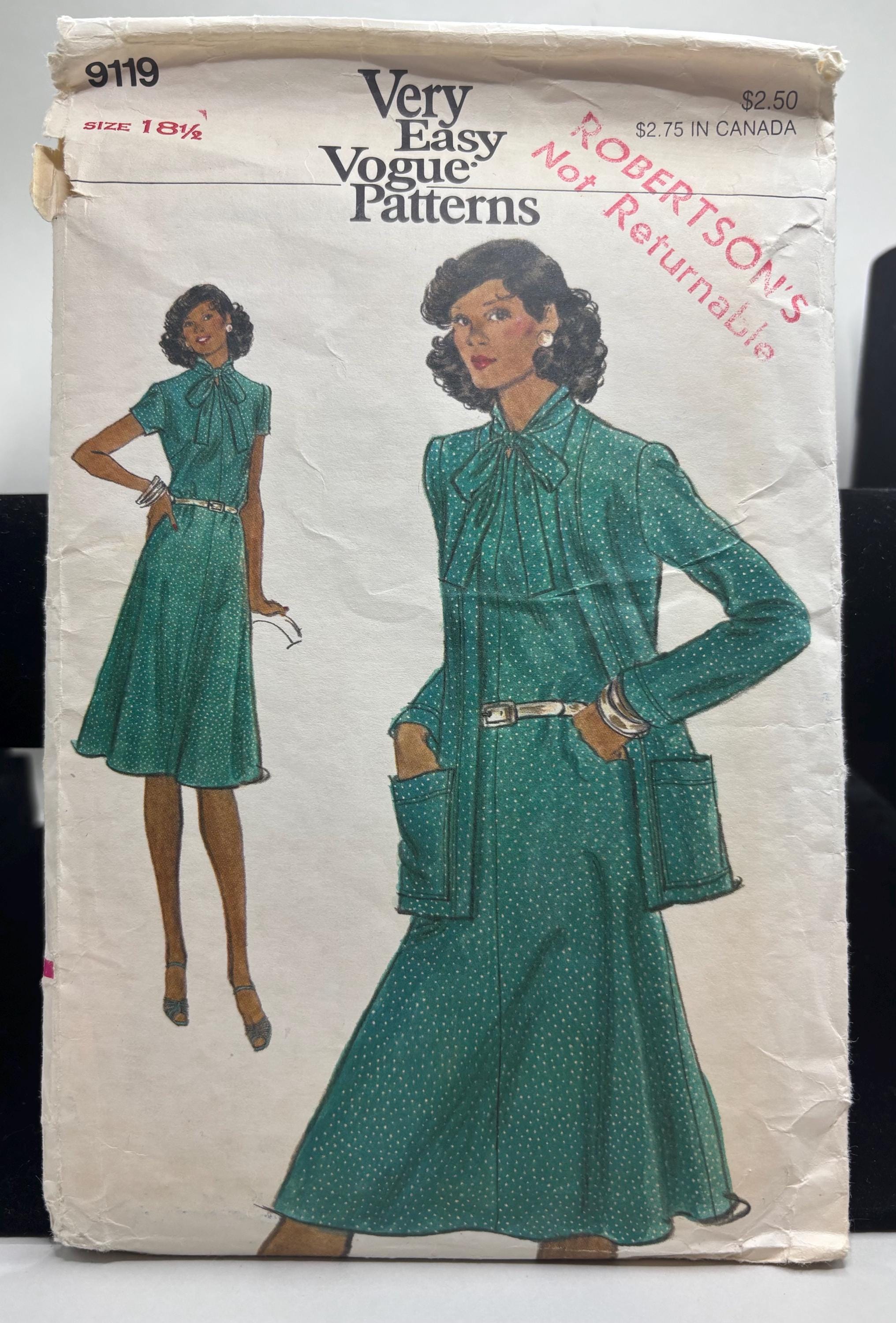 Vogue 9119 Sewing Pattern - 1970s Misses Size 18 1/2 Dress with Pockets & Tie Neck - Very Easy Vogue - Vintage Complete and Cut - Thumbnail 2
