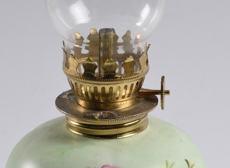 Vintage 1970s Lefton Japan Miniature Table Oil Lamp – Hand Painted Roses on Mint – Heritage-Green Porcelain with Glass Chimney – #4169 - Thumbnail 6