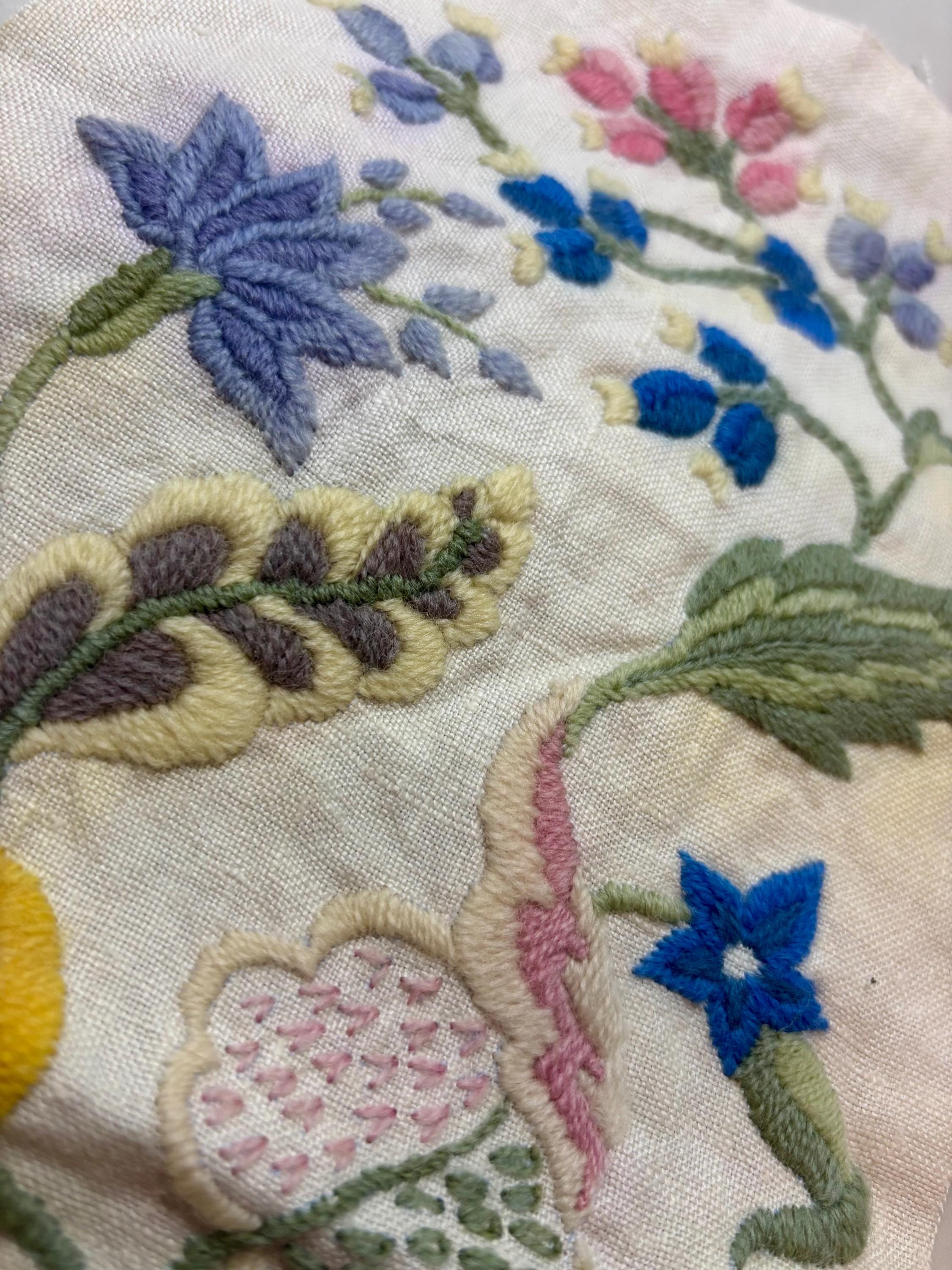 Enchanted Cottagecore Hand-Worked Embroidery Panel – Vintage Unmounted Crewel Sampler with Floral Design – Fairy Tale Textile Art - Thumbnail 5