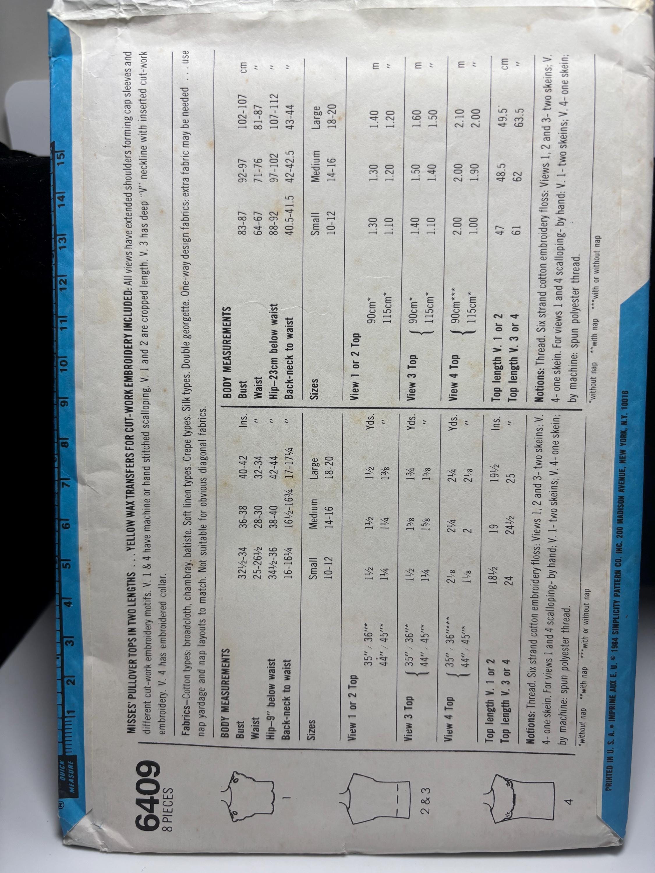 Simplicity 6409 (1983) Women’s Pullover Tops with Cutwork Embroidery – Size 10–12 – Complete & Uncut – Taylor Swift “Fearless” Era Vibes - Thumbnail 3