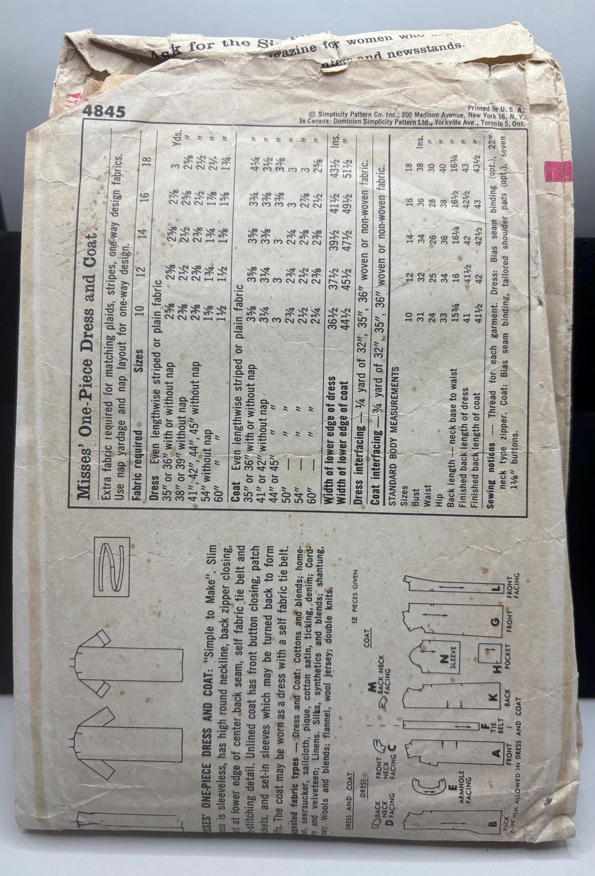 1960s Simplicity 4845 Sewing Pattern – Jackie O Shift Dress & Coat Ensemble – Size 14 Bust 34 – Complete and Cut - Thumbnail 3