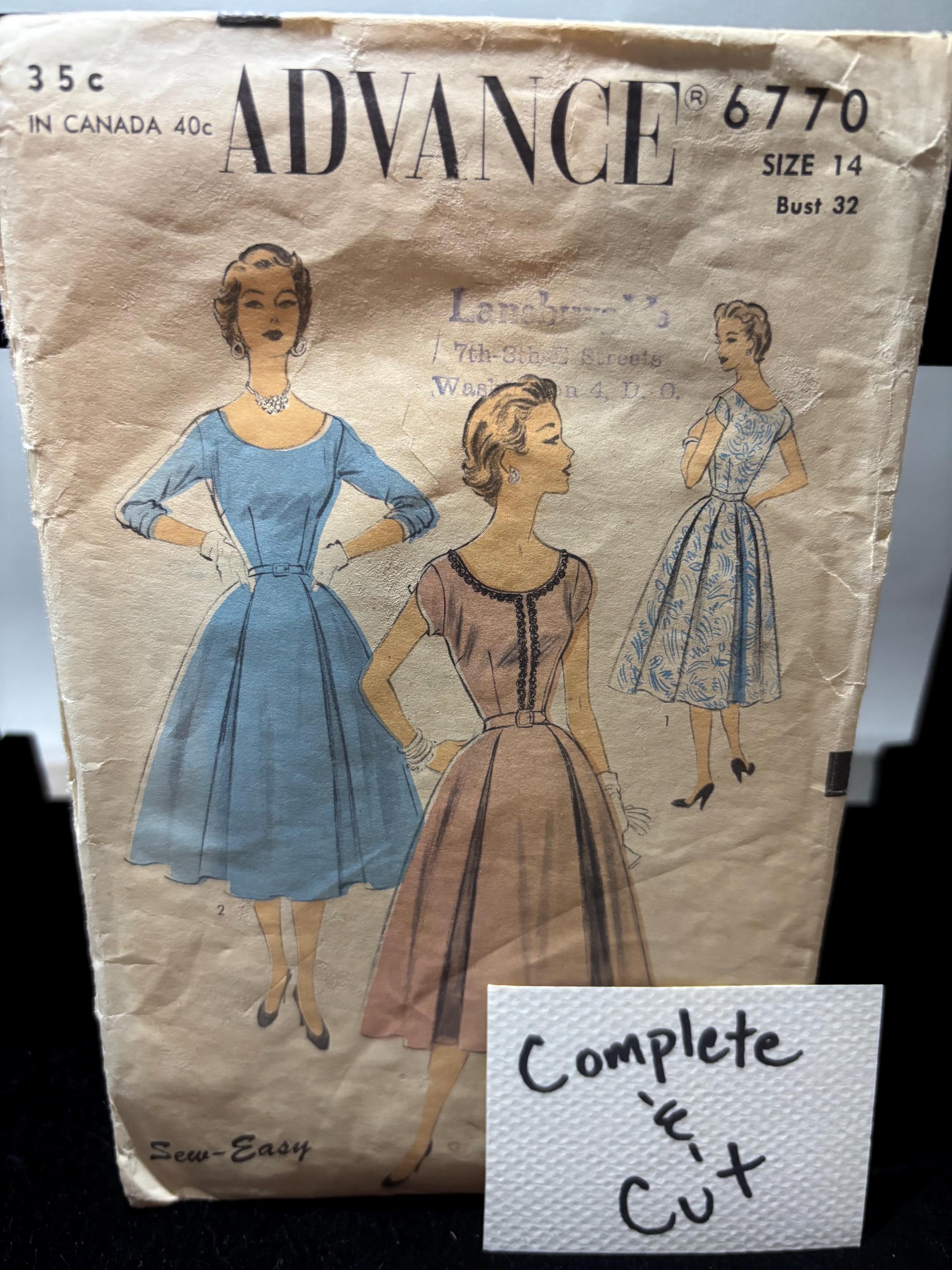 Vintage 1950s Advance 6770 Sewing Pattern – Misses Size 14 Bust 32 – Connie Francis Style Boatneck Fit & Flare Dress, Complete Cut Pattern