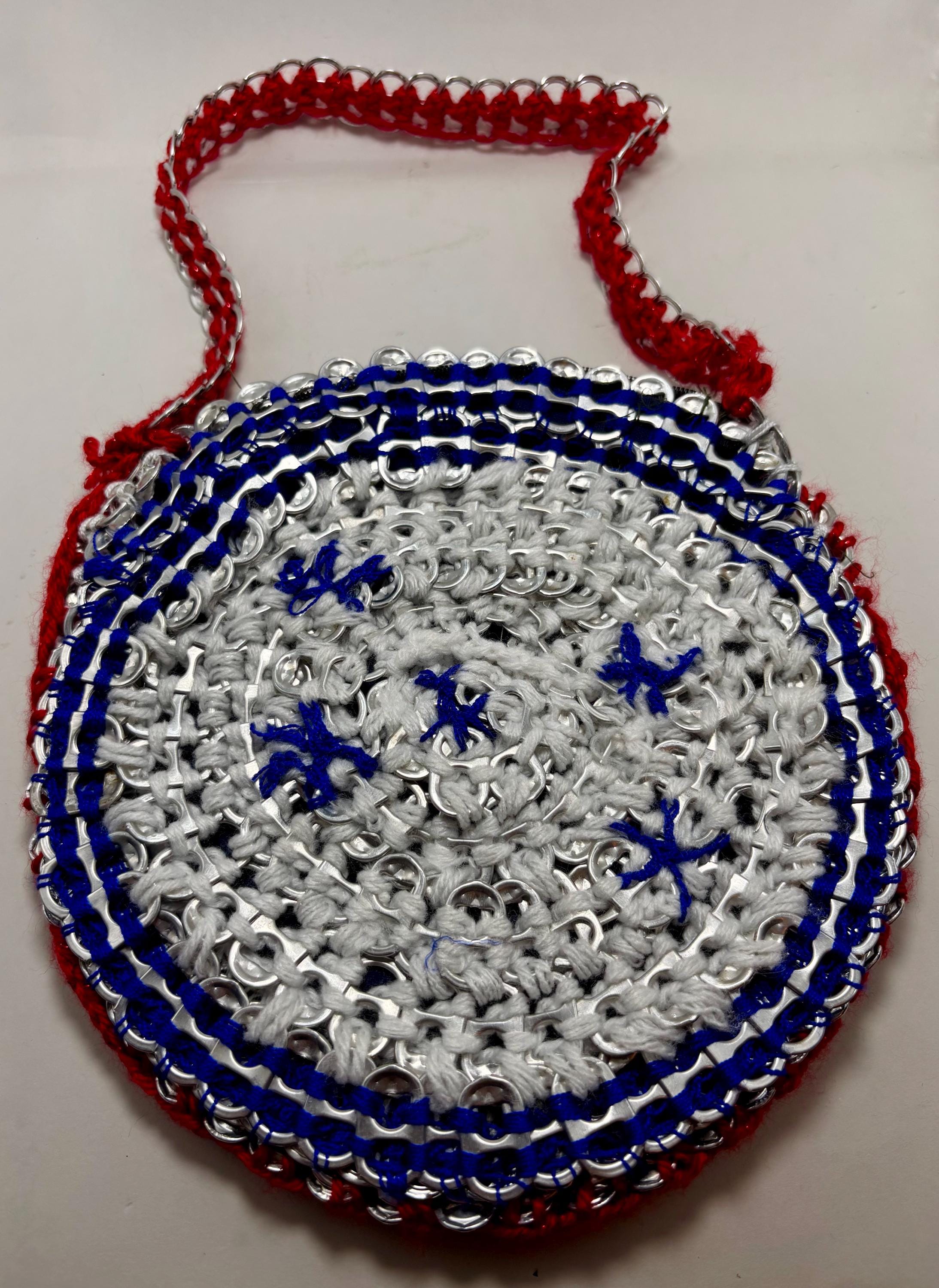 Vintage Handmade Soda Tab Circle Purse – Woven Red, White & Blue Yarn, Pop-Top Shoulder Bag Upcycled Recycled Boho Statement Accessory - Thumbnail 6