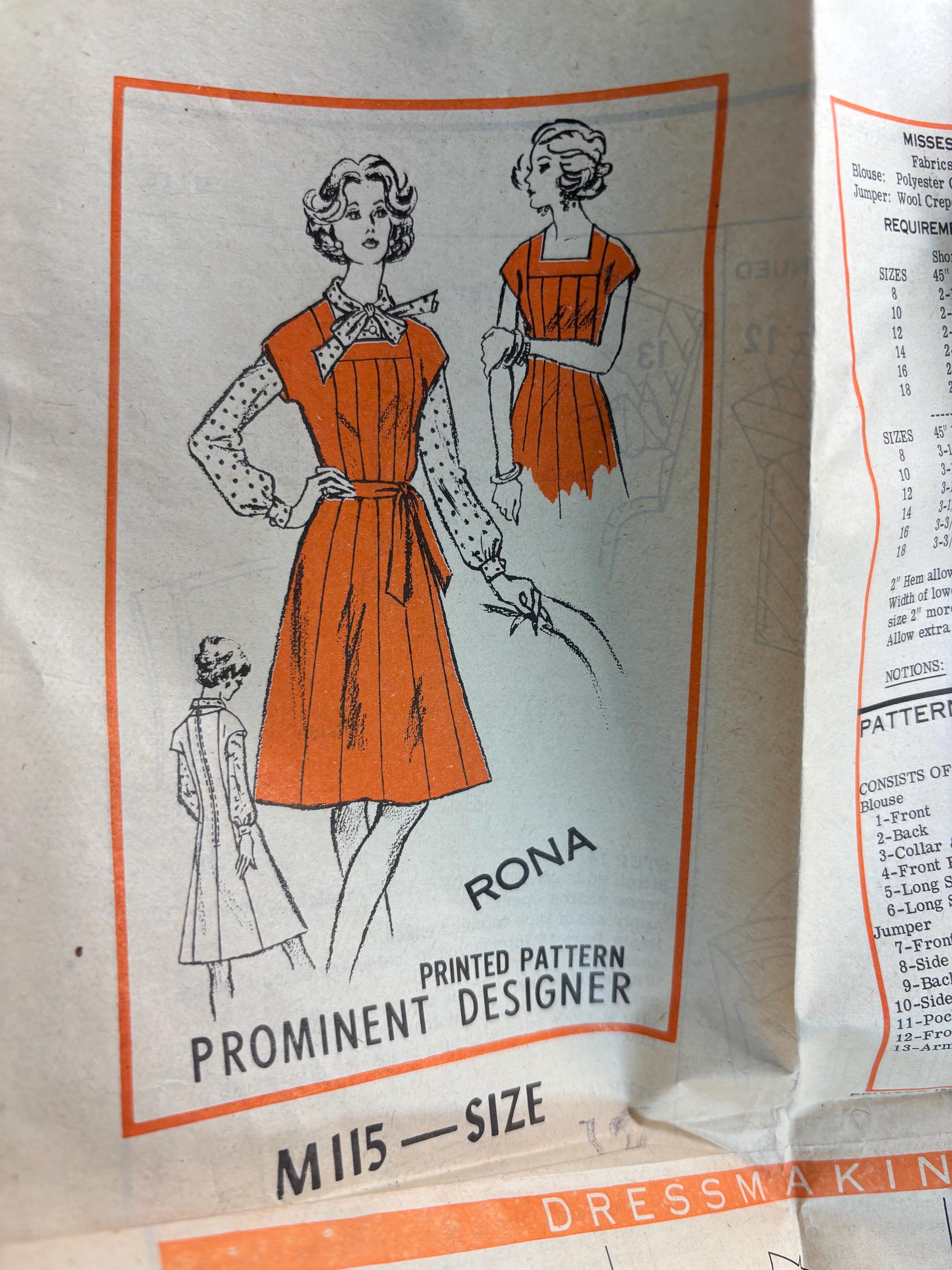 Vintage 1970's Designer Pattern M115 Size 12 Tall Bow Collar Dress