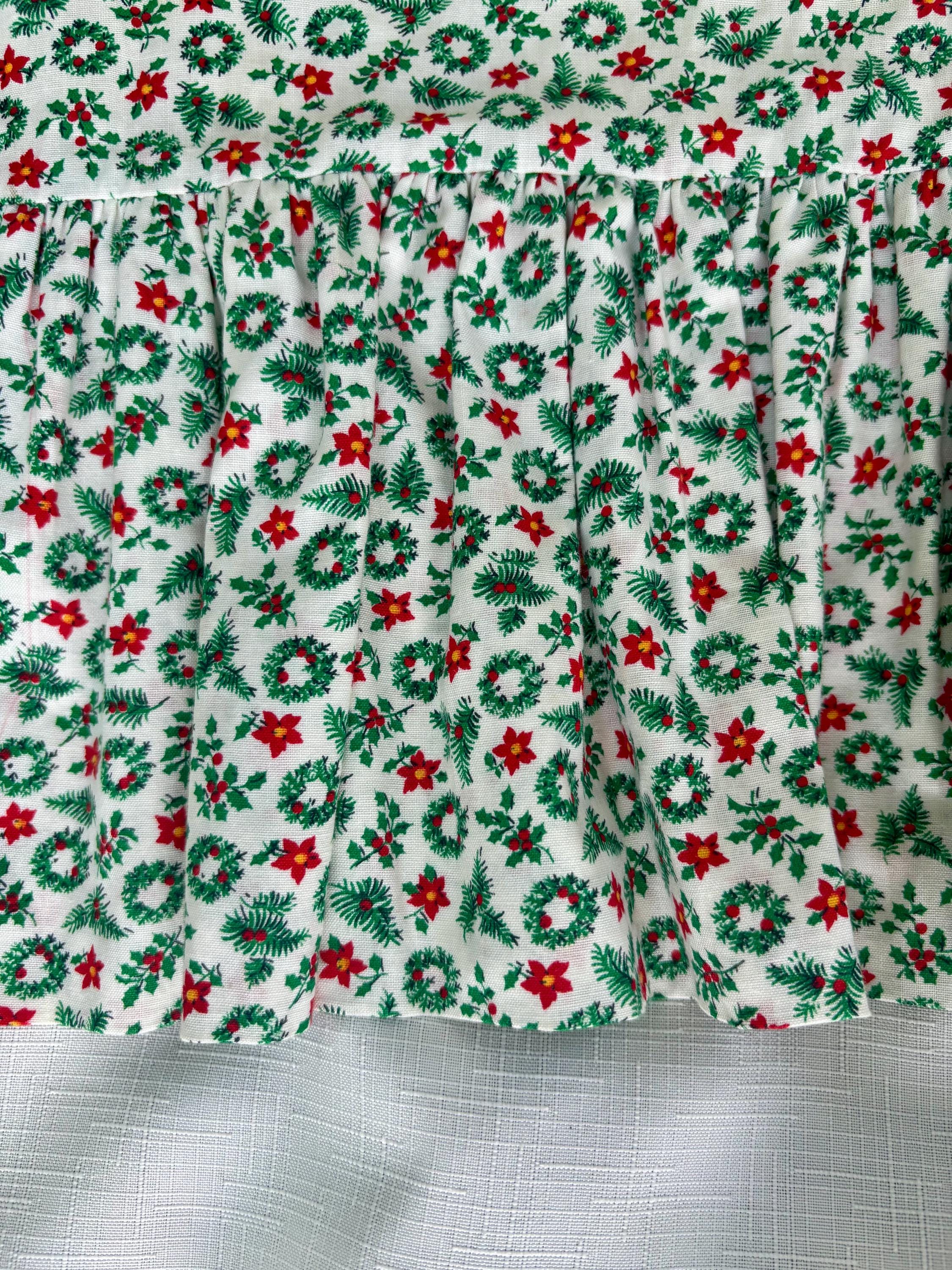 Vintage 1980 Handmade Christmas Apron – Holly Print with Ruffle Skirt & Cross Stitch Merry Christmas Bib – Hand-Embroidered/Signed JS ‘80 - Thumbnail 6