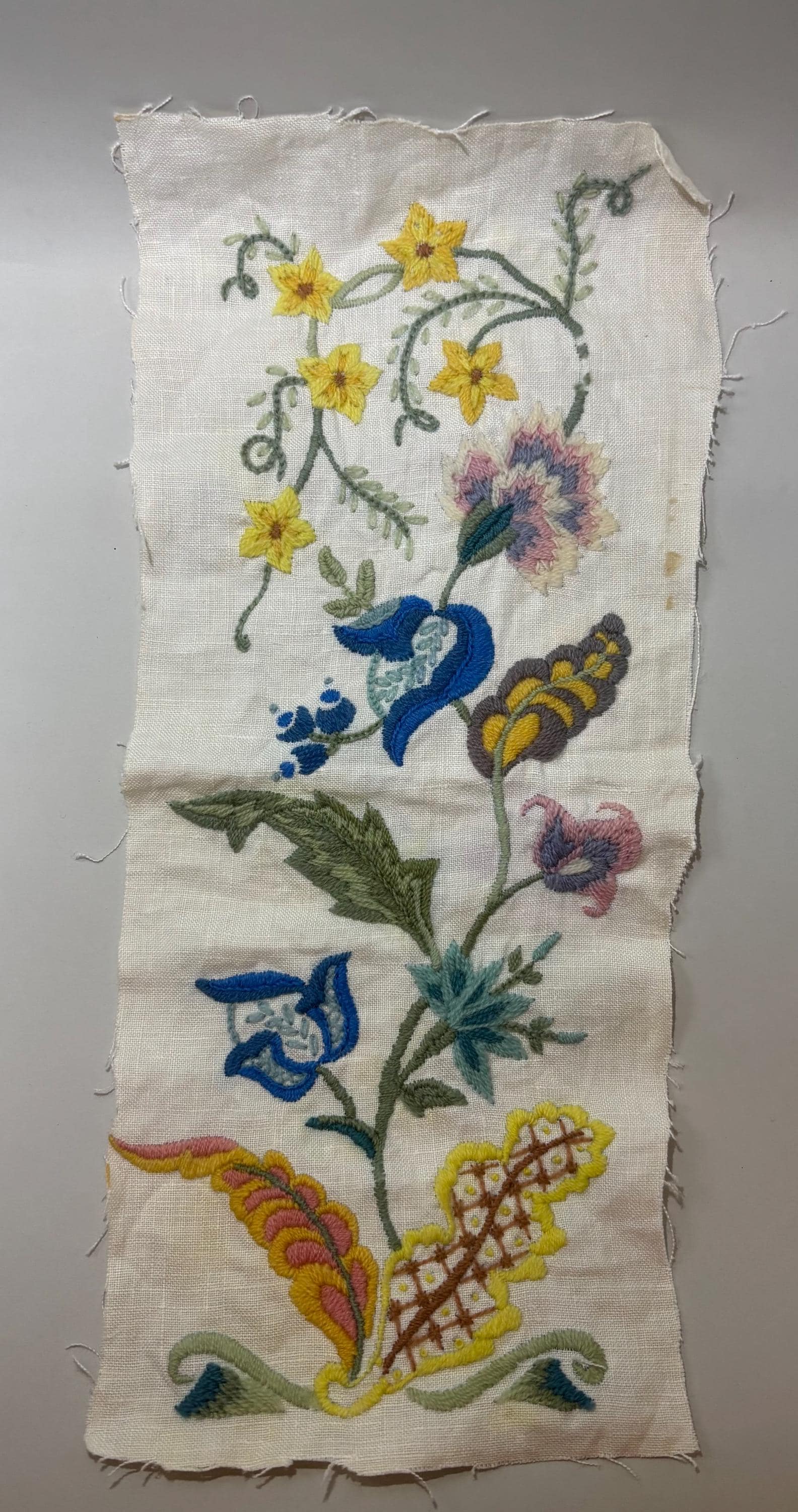 Enchanted Cottagecore Hand-Worked Embroidery Panel – Vintage Unmounted Crewel Sampler with Floral Design – Fairy Tale Textile Art