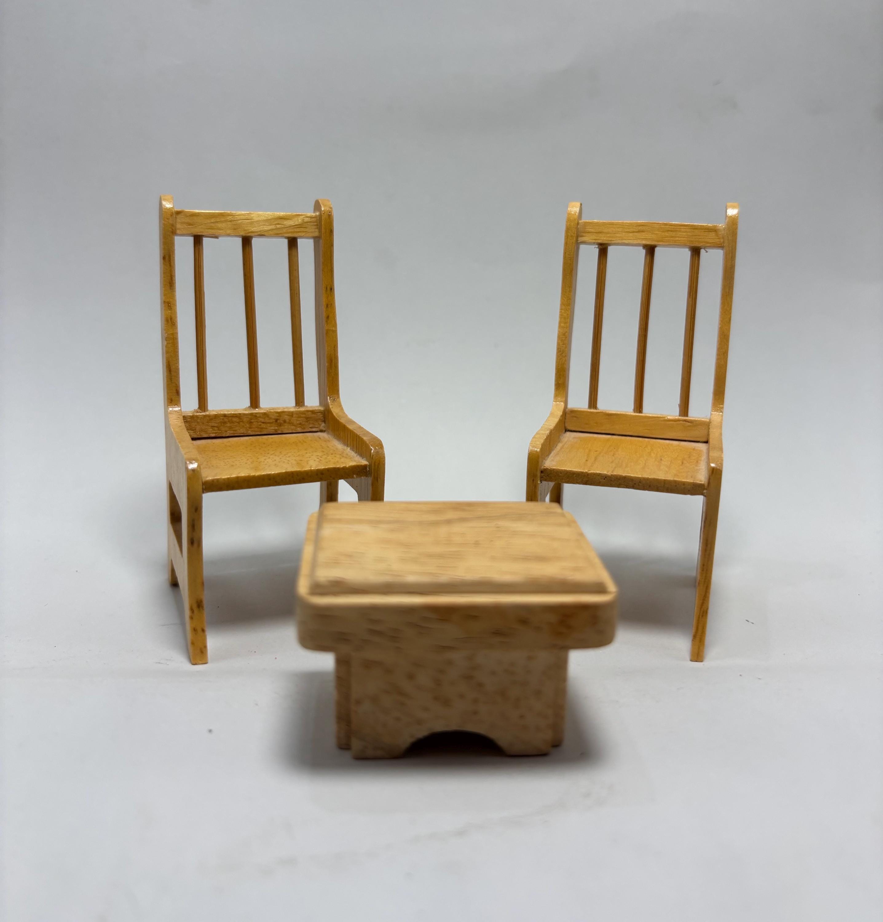 Vintage Miniature Wooden Dollhouse Furniture Set – 2 Chairs + Table – Whimsical  1:12 Scale - Perfect for Crafting, Fairy Homes, or Play