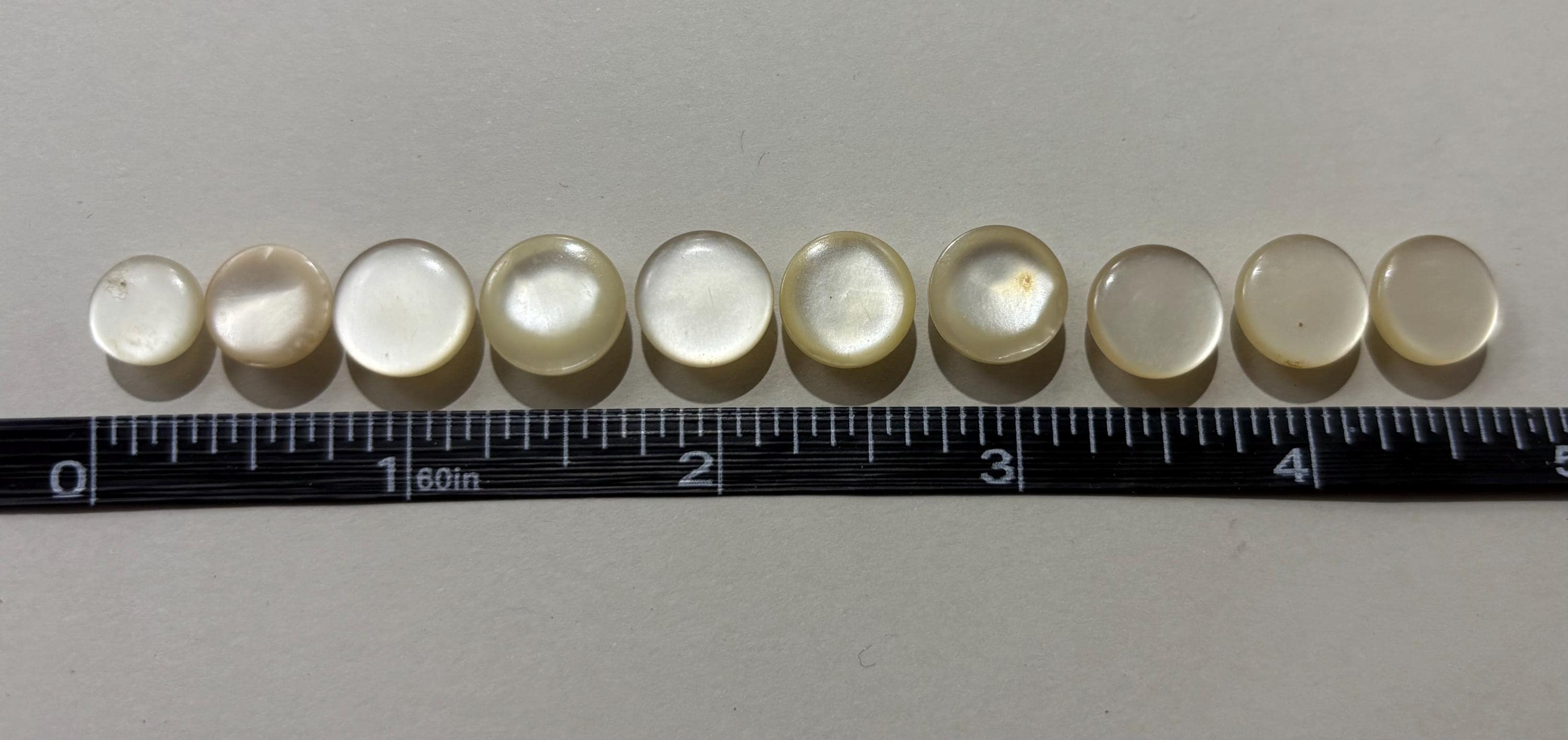 Vintage 1950s Pearlized Plastic Cardigan Buttons – Set of 10 Sweater Girl Shank Buttons, about 1/4" & 1/2" - Thumbnail 2