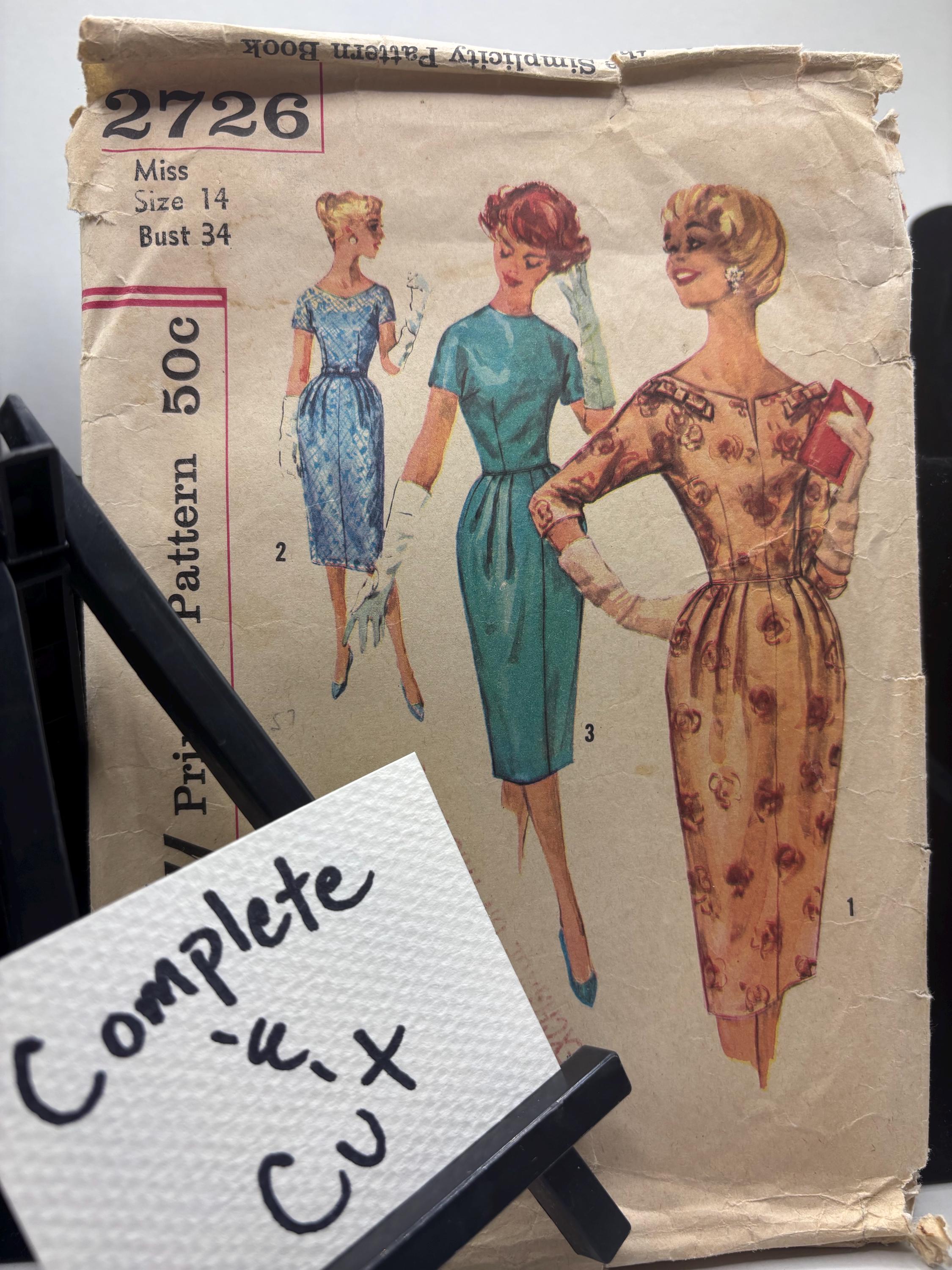 1950s Simplicity 2726 Dress Pattern – Size 14 Bust 34 – Classic Wiggle Dress with Bateau Neckline – Cut & Complete Jackie O Style 1958