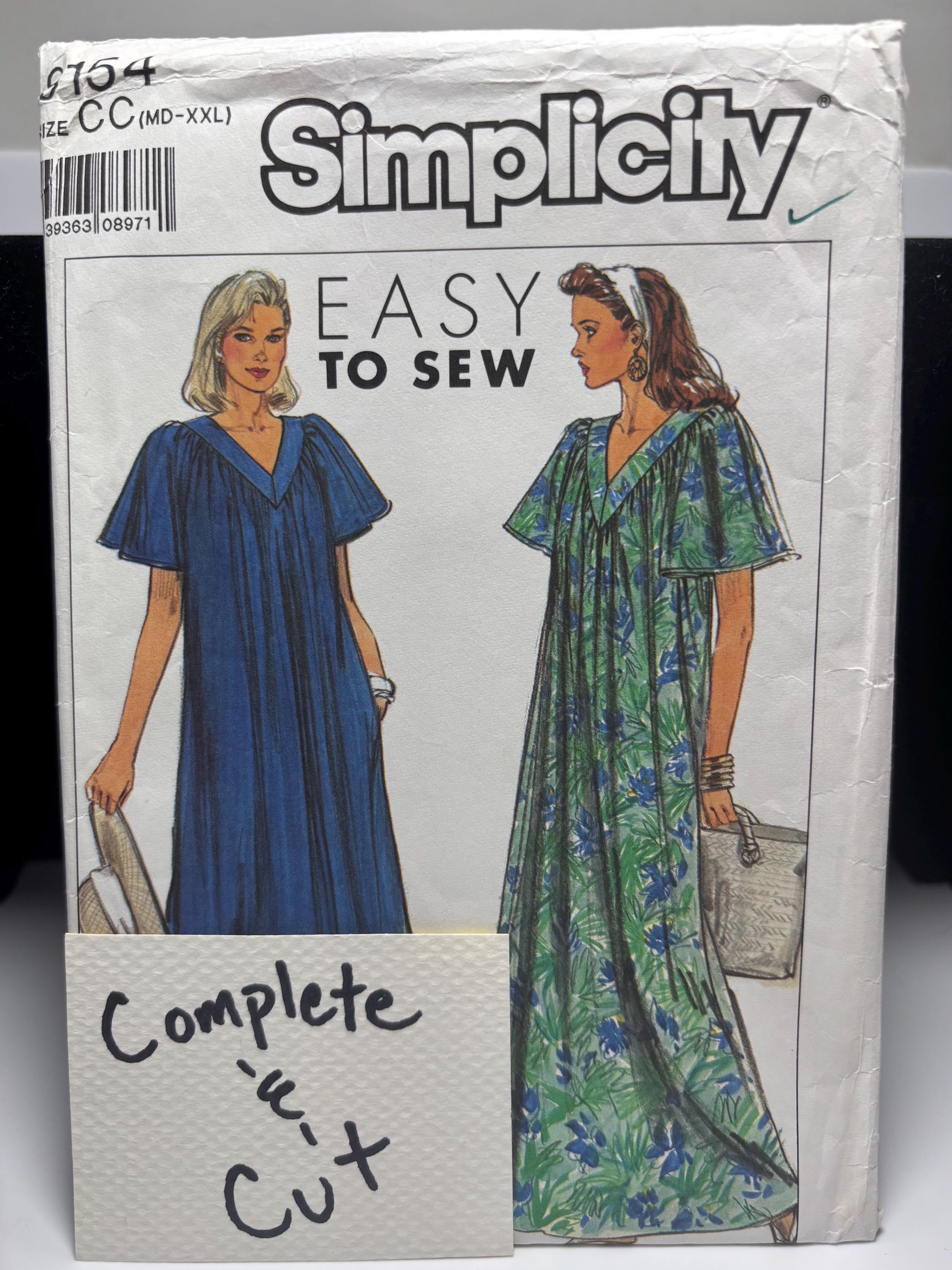 Vintage Simplicity 9154 — Easy-to-Sew Caftan Dress Pattern (Size CC MD–XXL) — Short and Long Muumuu Style — Complete & Cut