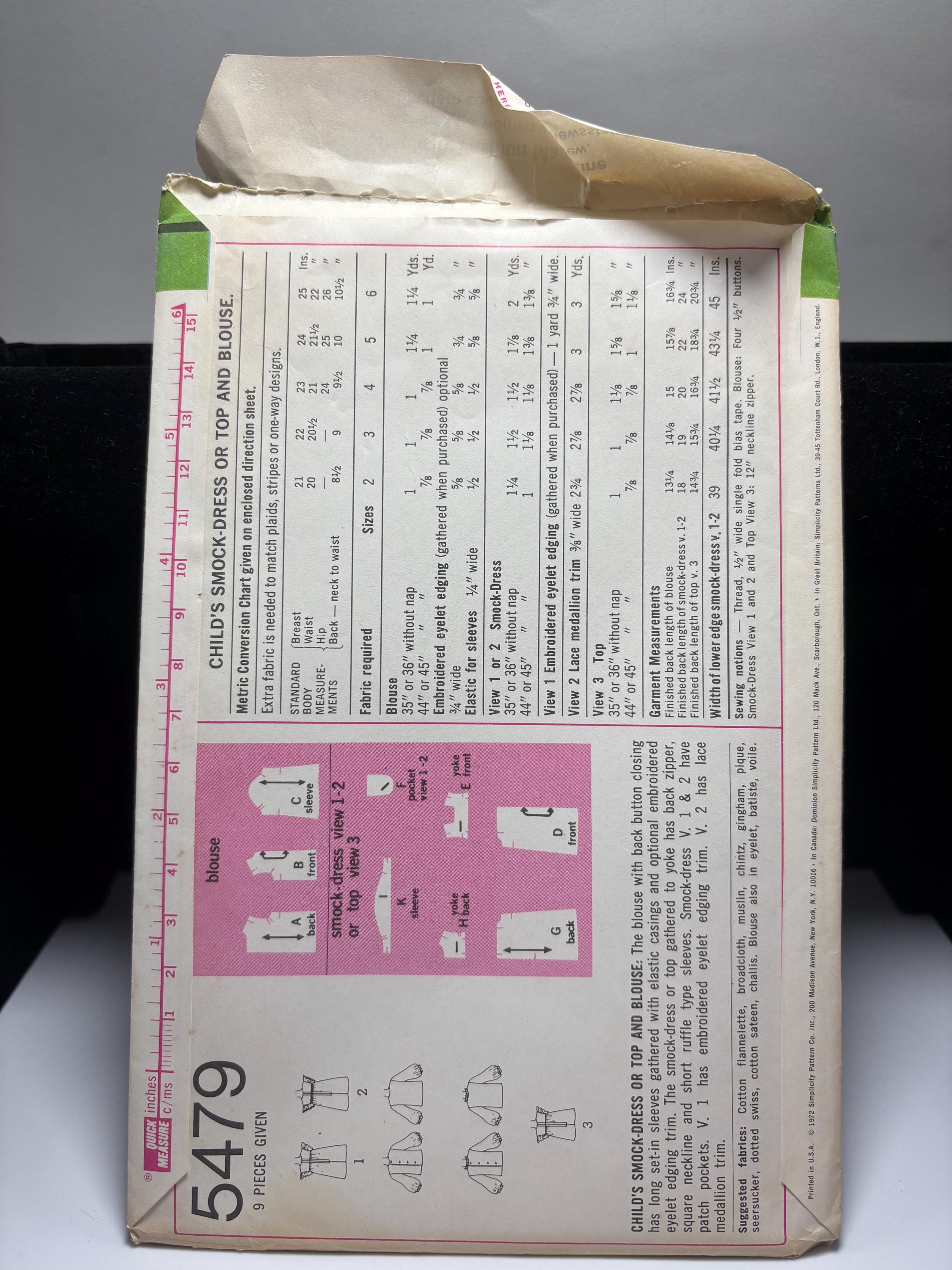 Vintage Simplicity 5479 Sewing Pattern – Child’s Smock Dress, Top & Blouse – Size 6, Breast 25 – 1972 Uncut - Thumbnail 3