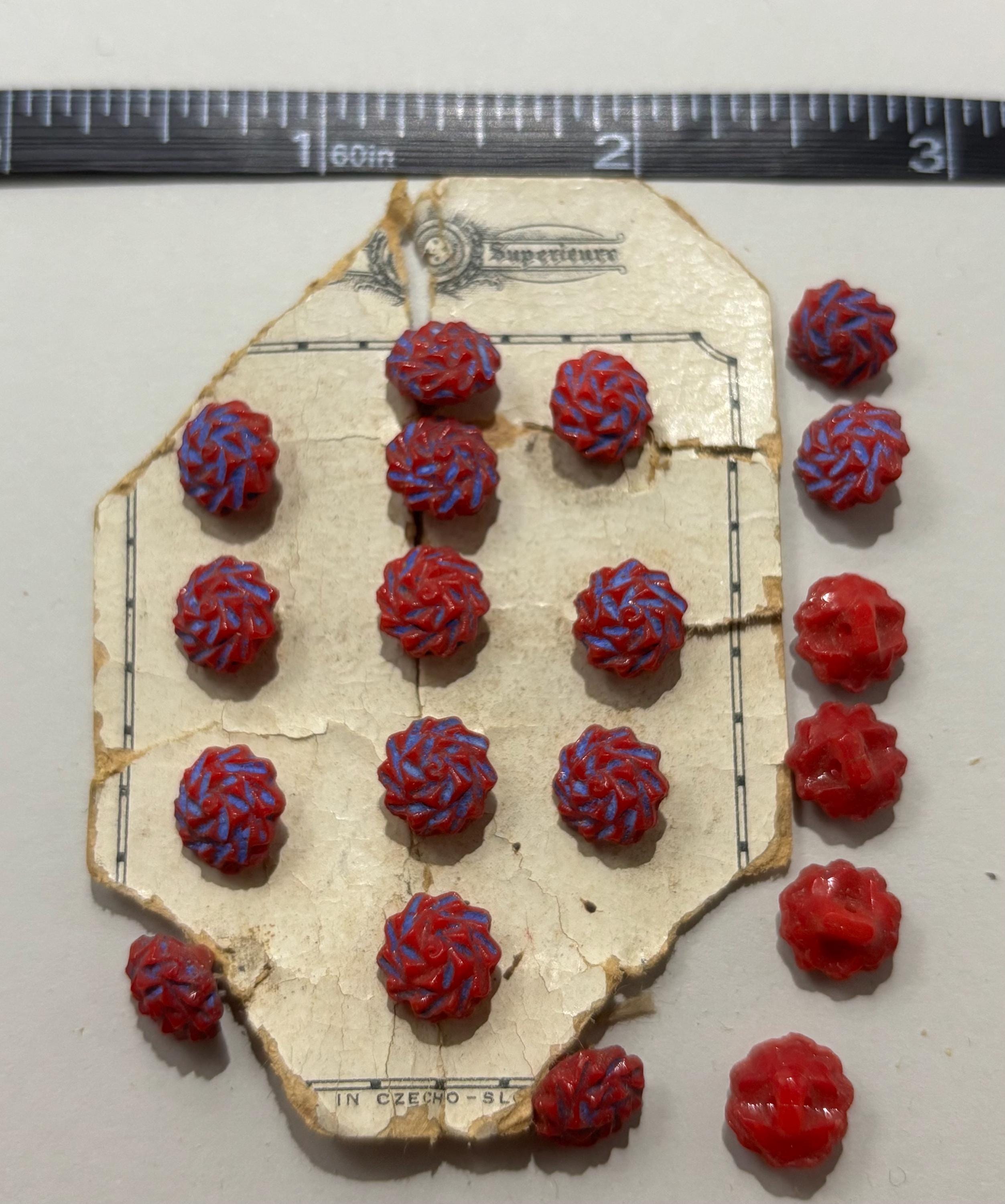 Antique Czech Glass Buttons – Style 2329 – Cornflower Over Scarlet, Art Deco Frosted Flower Set (Qty 19)