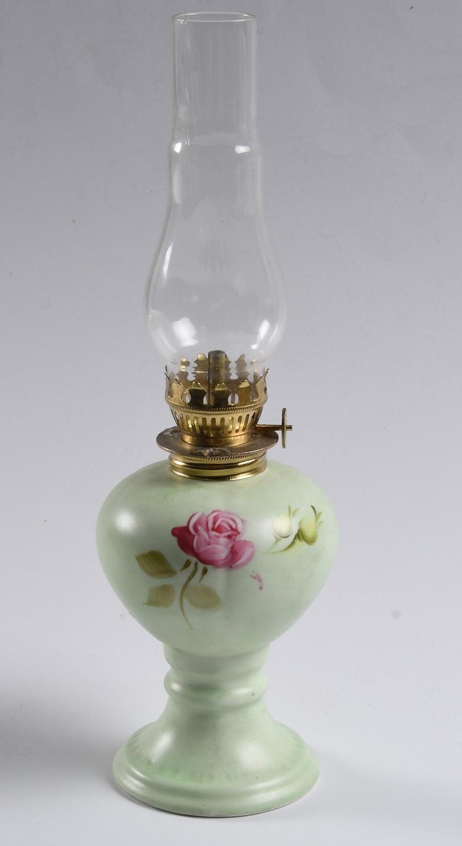 Vintage 1970s Lefton Japan Miniature Table Oil Lamp – Hand Painted Roses on Mint – Heritage-Green Porcelain with Glass Chimney – #4169 - Thumbnail 2