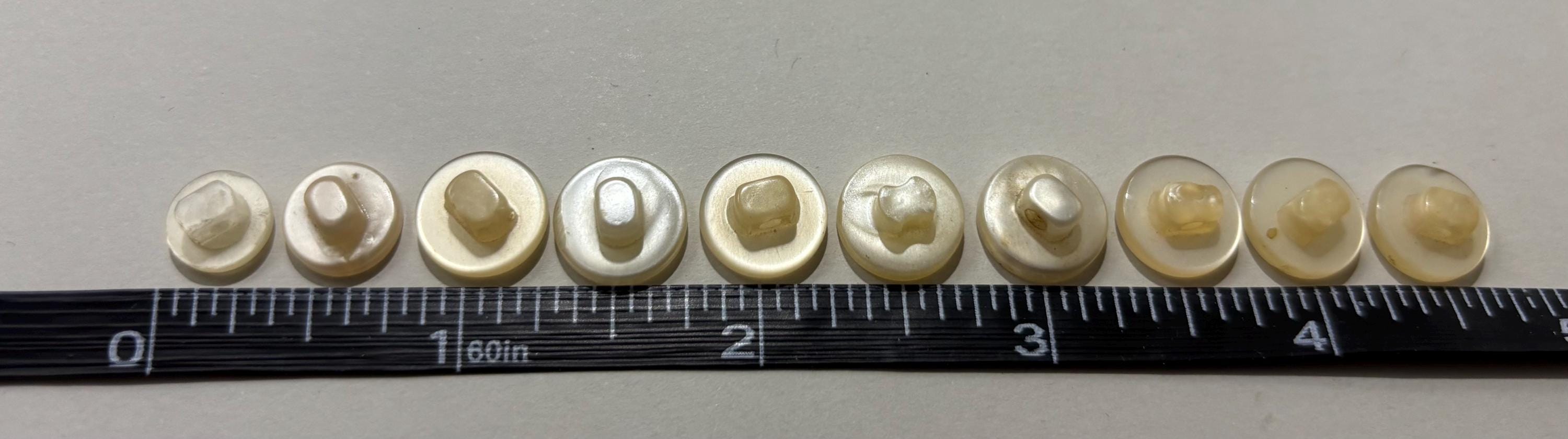 Vintage 1950s Pearlized Plastic Cardigan Buttons – Set of 10 Sweater Girl Shank Buttons, about 1/4" & 1/2" - Thumbnail 6