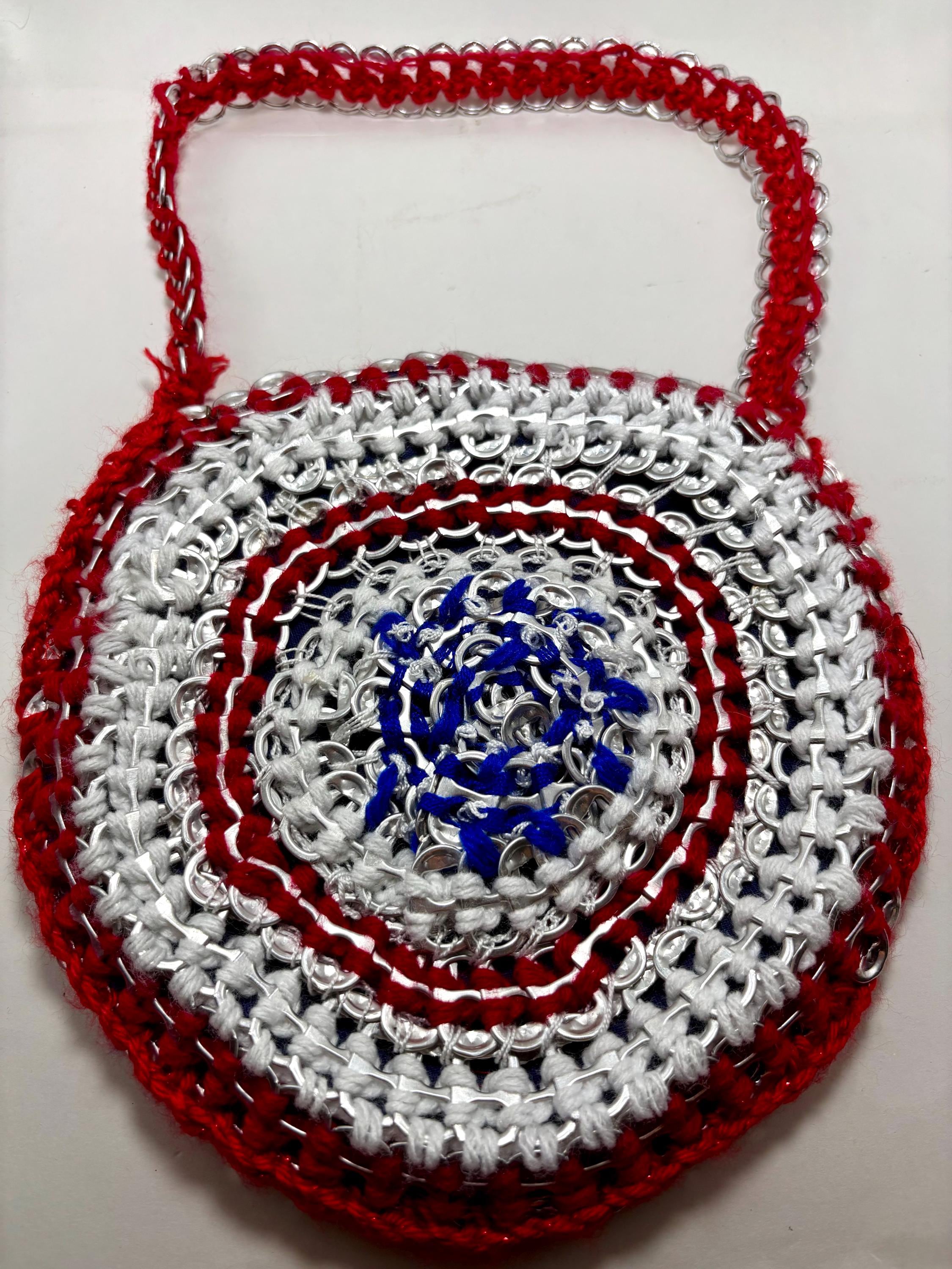 Vintage Handmade Soda Tab Circle Purse – Woven Red, White & Blue Yarn, Pop-Top Shoulder Bag Upcycled Recycled Boho Statement Accessory - Thumbnail 2