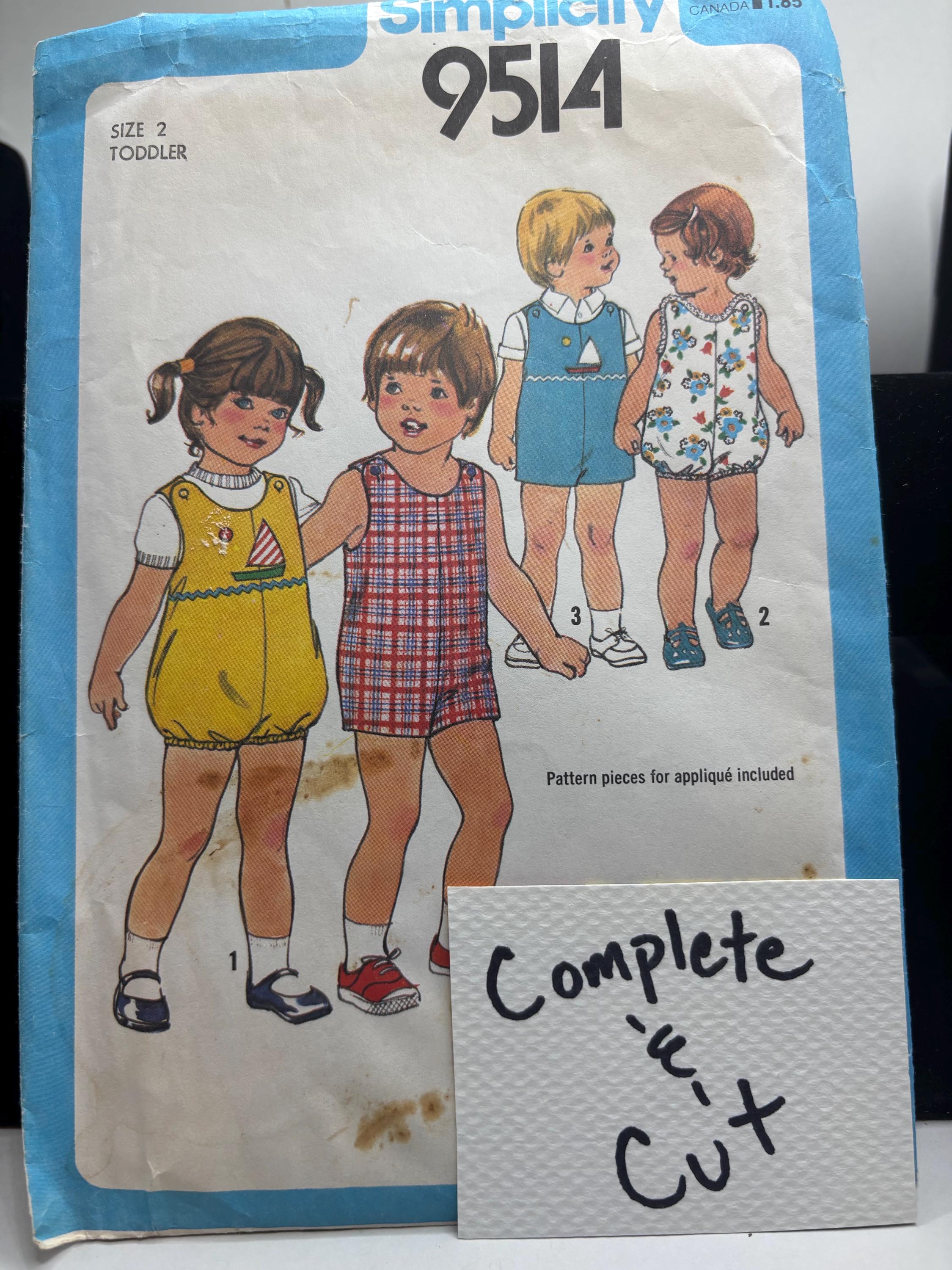 Vintage 1970s Simplicity 9514 Toddler Romper Pattern – Size 2 – Four Styles – Cut & Complete