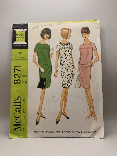 McCall’s 8271 Vintage 1966 Sewing Pattern - Misses' Two-Piece Pencil Skirt & Scoop Neck Top in Two Versions Size 16, Bust 36 1960’s MCM Mod