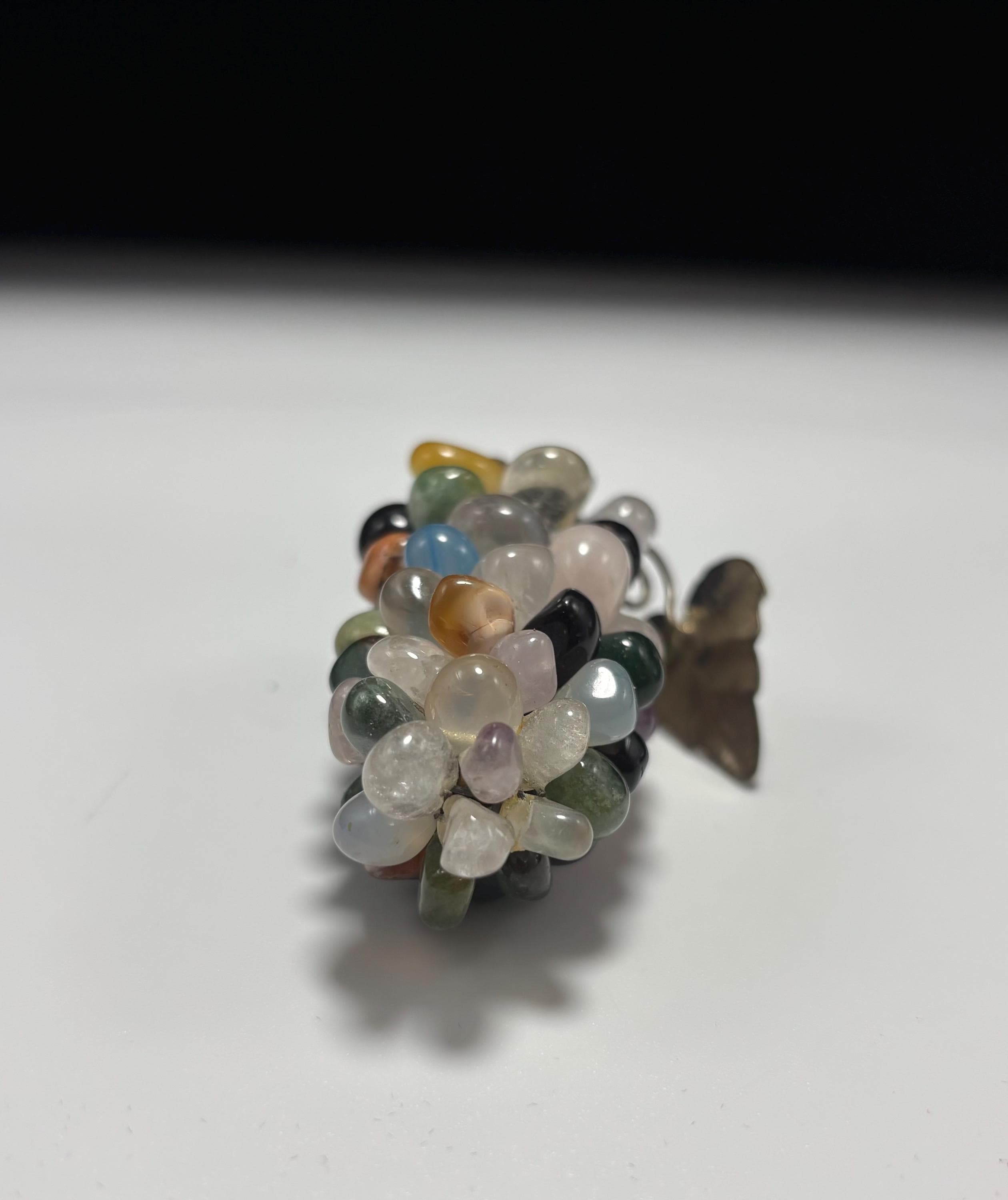 Vintage MCM Gemstone Cluster Grape Pendant with Silver Leaf Accent – 1960s 1970s Mid Century Modern Jewelry - Thumbnail 5