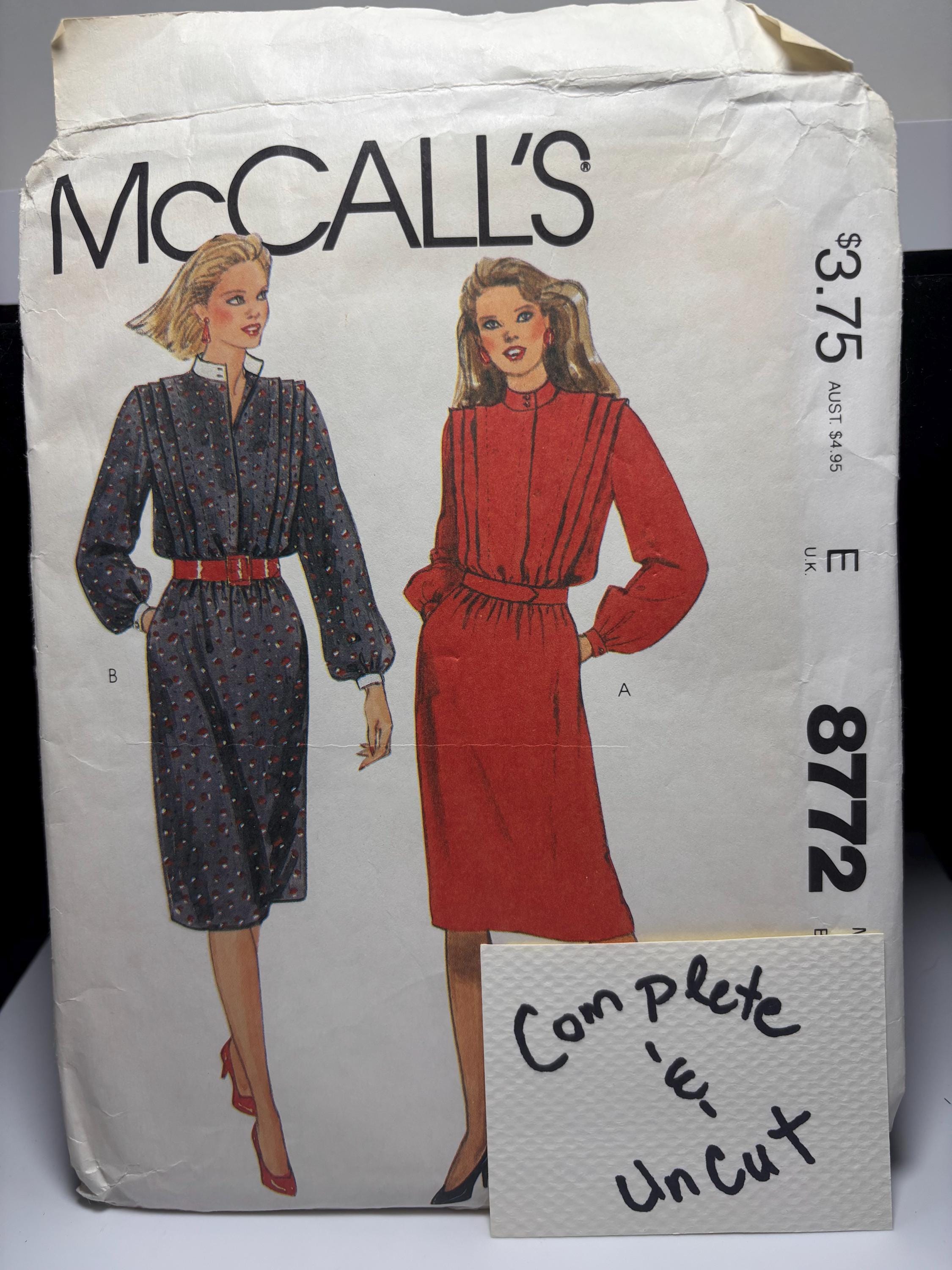 Vintage McCall’s 8772 Misses’ Pleated Dress Pattern (Size 14, Bust 36) – 1980s Classic Office Chic Midi Dress, Complete & Uncut
