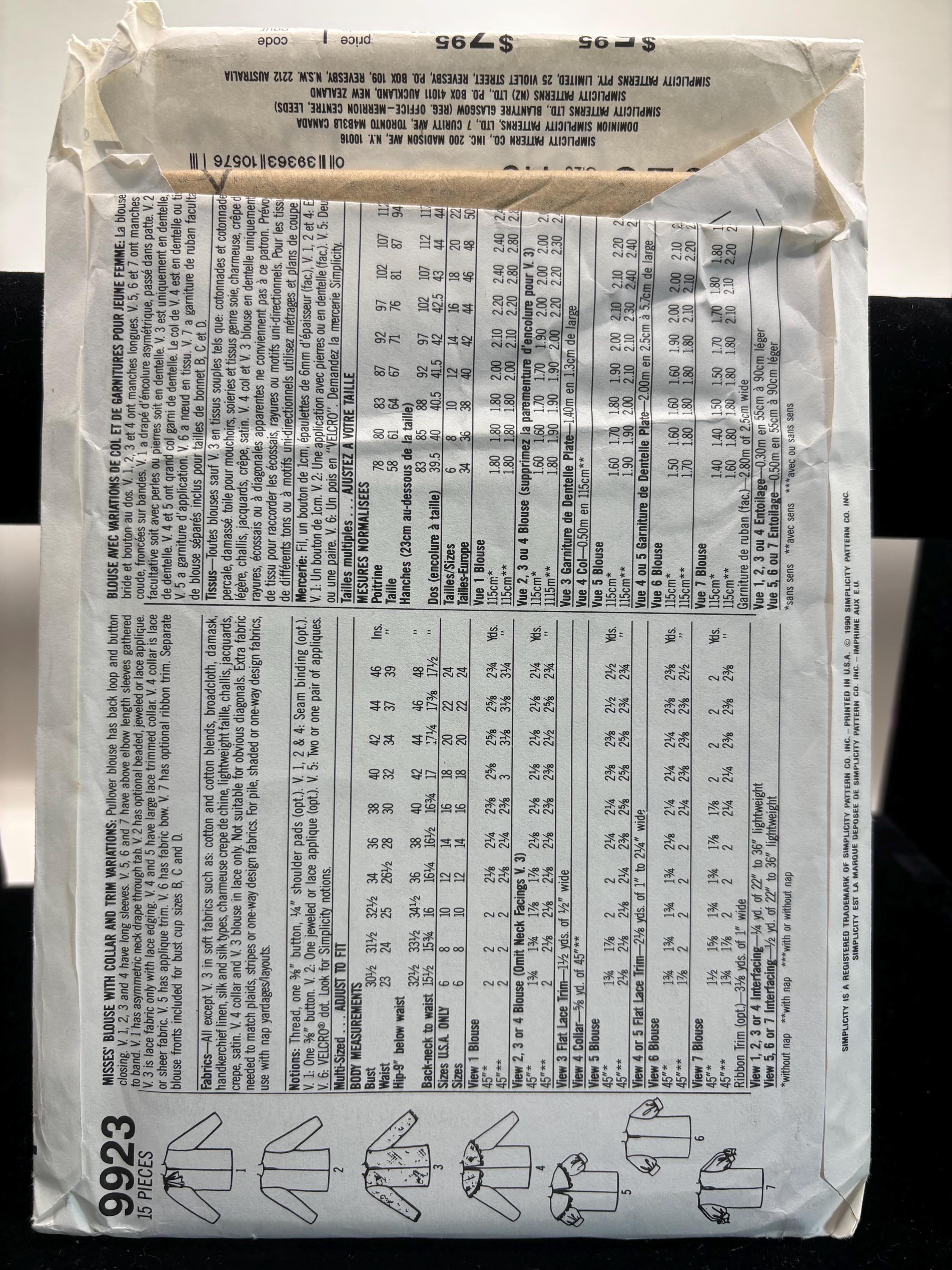 Vintage Simplicity 10576 Sewing Pattern – 1980s Blouse Collection – Sizes 6–14 Cottagecore Bookcore DIY Sewing - Thumbnail 2