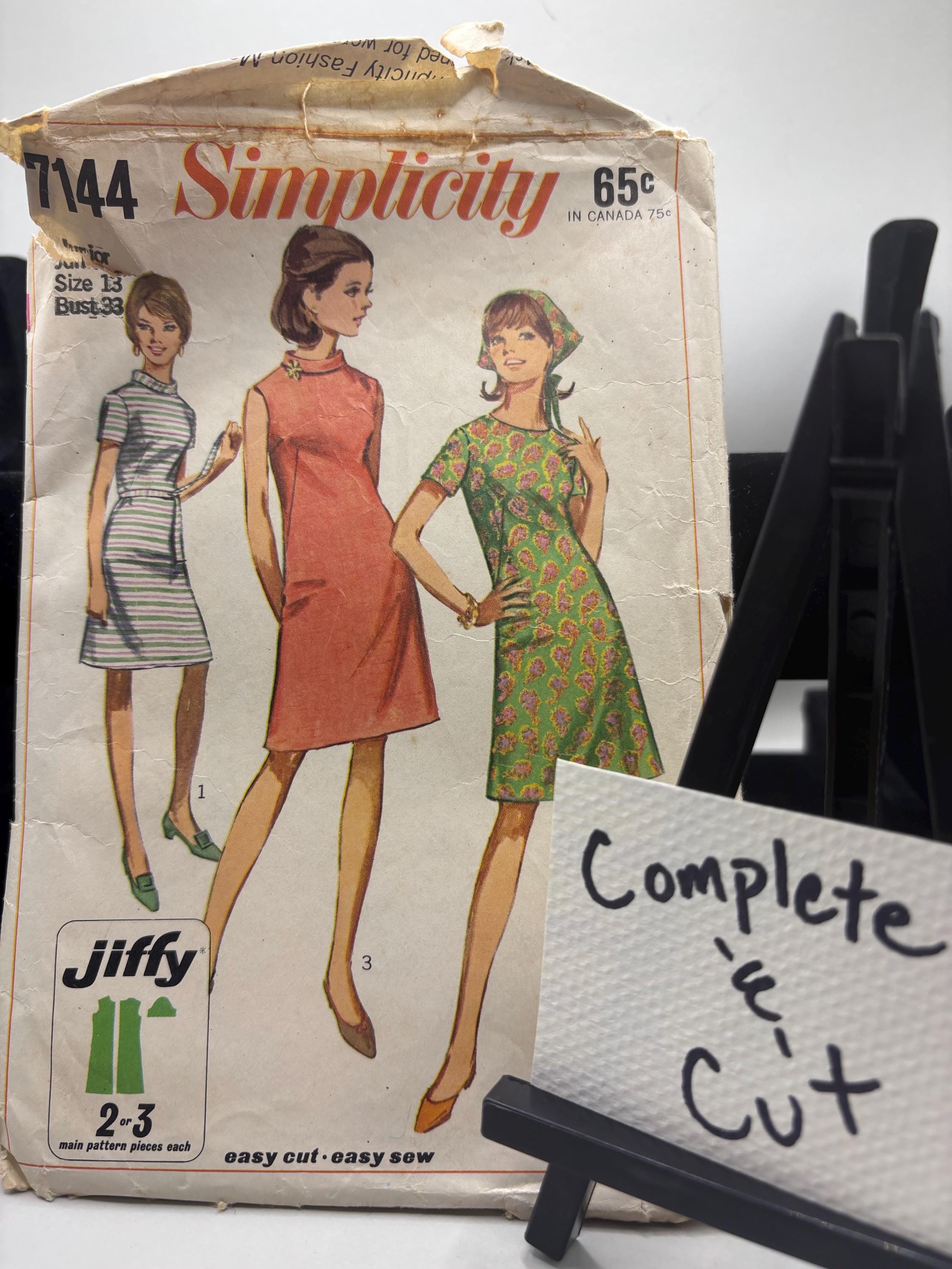 Vintage 1960s Simplicity 7144 Jiffy A-Line Dress Sewing Pattern – Size 13 Bust 33 – Mod Mini Dress, Easy Sew – Cut & Complete