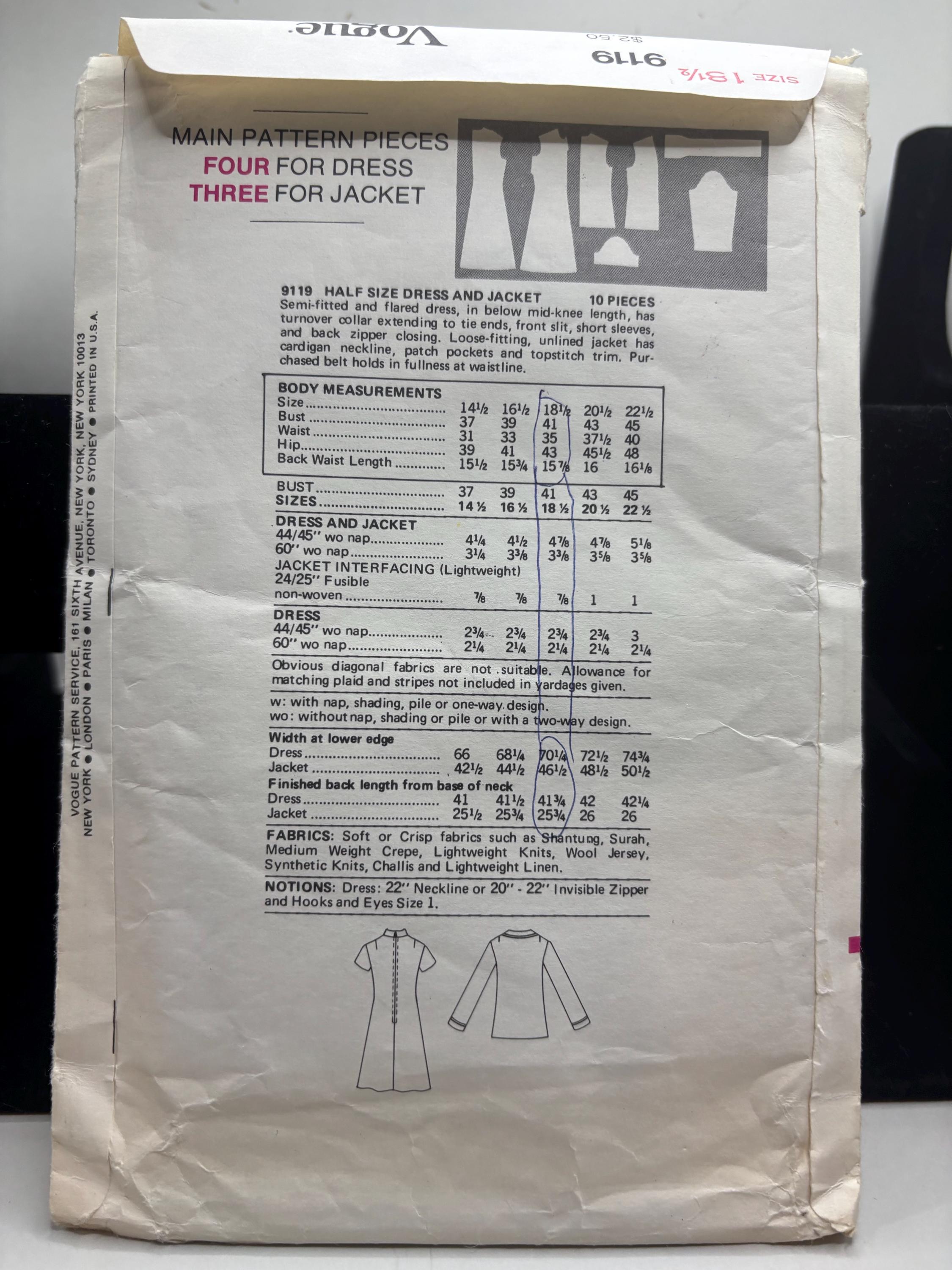 Vogue 9119 Sewing Pattern - 1970s Misses Size 18 1/2 Dress with Pockets & Tie Neck - Very Easy Vogue - Vintage Complete and Cut - Thumbnail 3